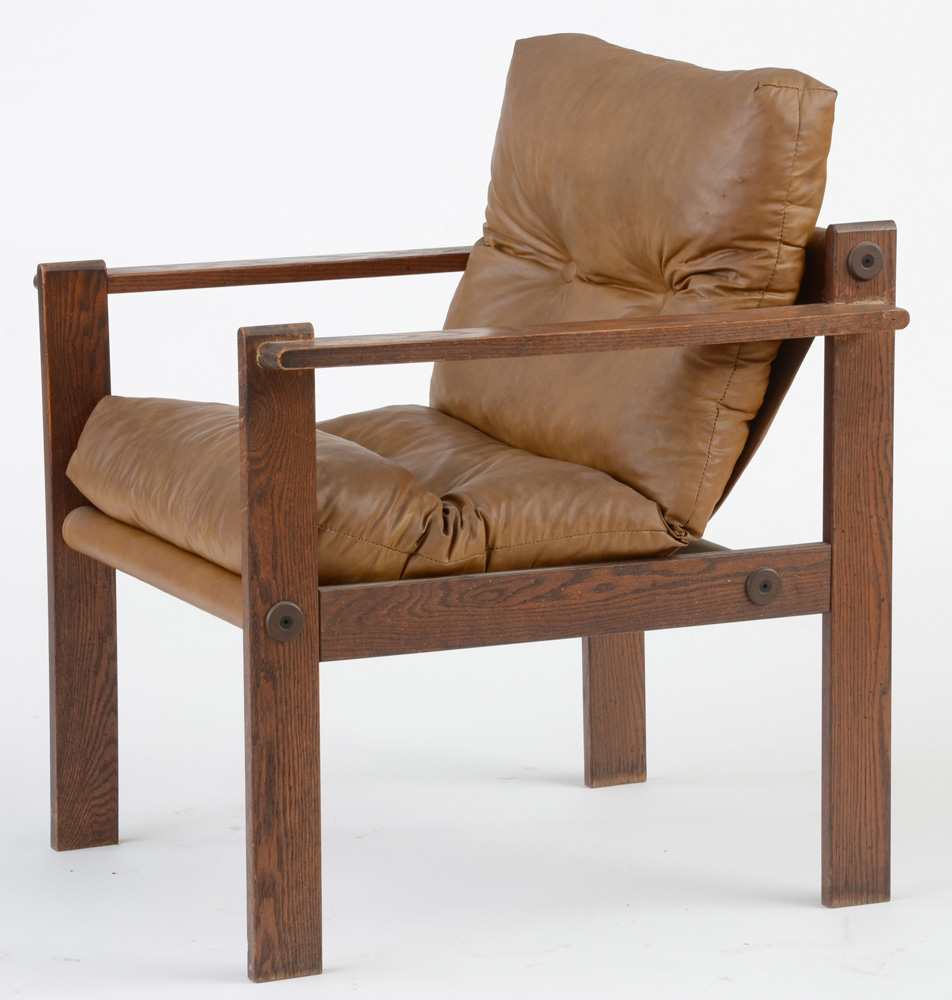 Mid-Century Brown Vinyl Sling Seat Arm Chairs