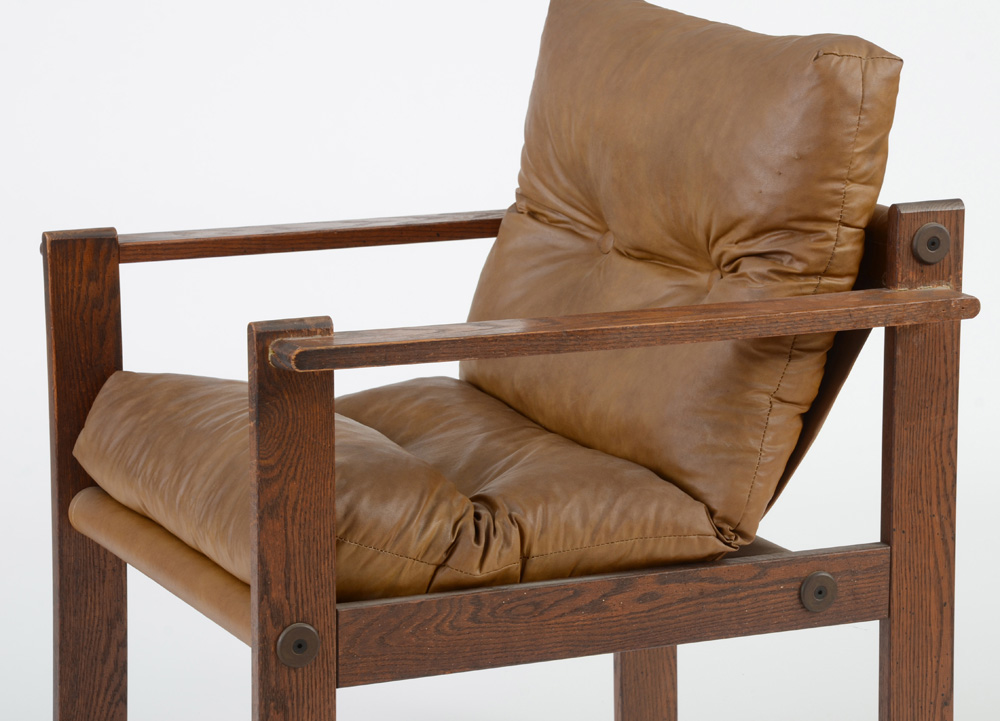 Mid-Century Brown Vinyl Sling Seat Arm Chairs