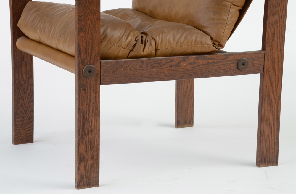 Mid-Century Brown Vinyl Sling Seat Arm Chairs