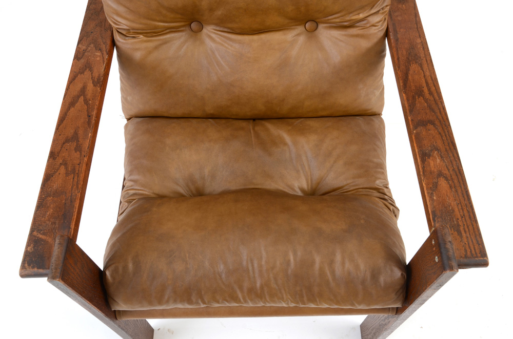 Mid-Century Brown Vinyl Sling Seat Arm Chairs