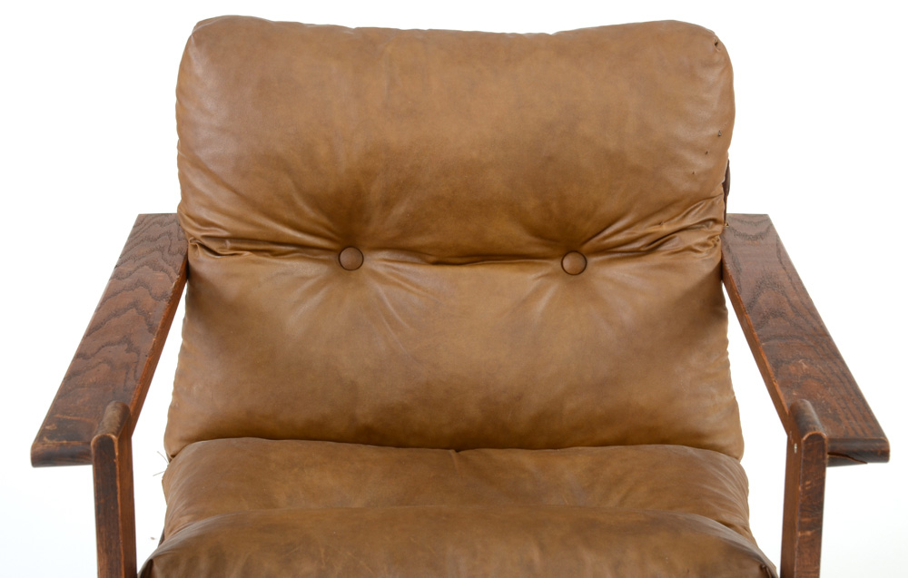 Mid-Century Brown Vinyl Sling Seat Arm Chairs