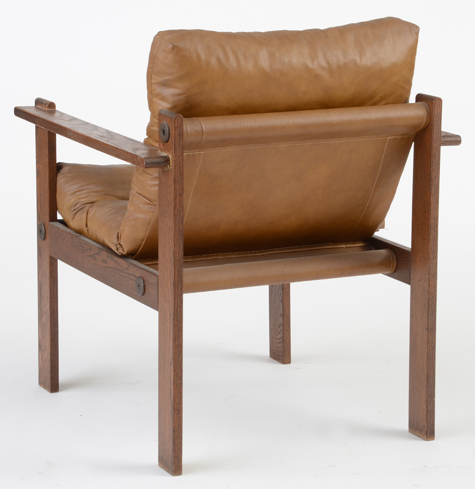 Mid-Century Brown Vinyl Sling Seat Arm Chairs