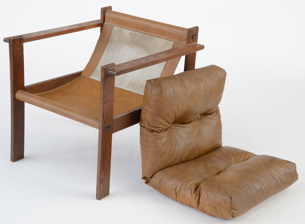 Mid-Century Brown Vinyl Sling Seat Arm Chairs