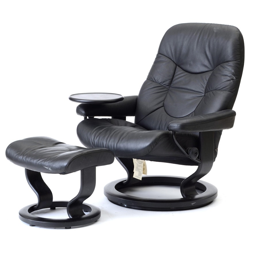 Black Leather "Stressless" Adjustable Chair and Ottoman by Ekornes / Norway