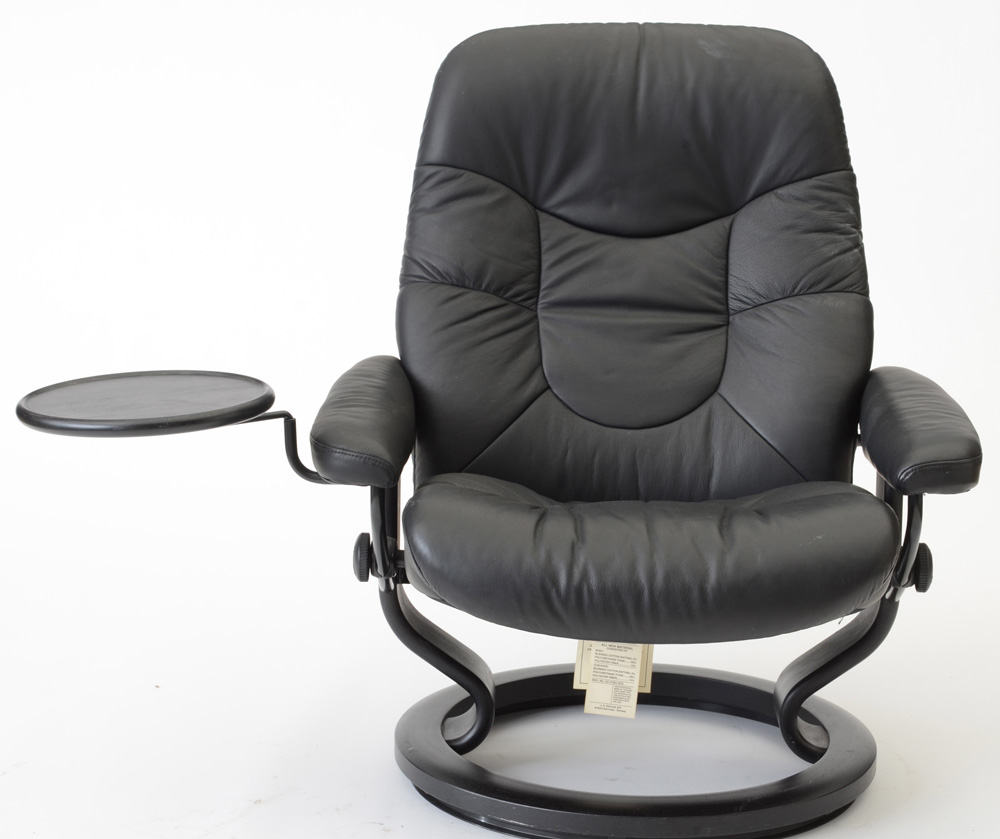 Black Leather "Stressless" Adjustable Chair and Ottoman by Ekornes / Norway