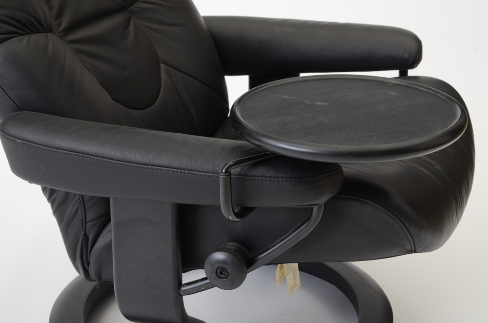 Black Leather "Stressless" Adjustable Chair and Ottoman by Ekornes / Norway