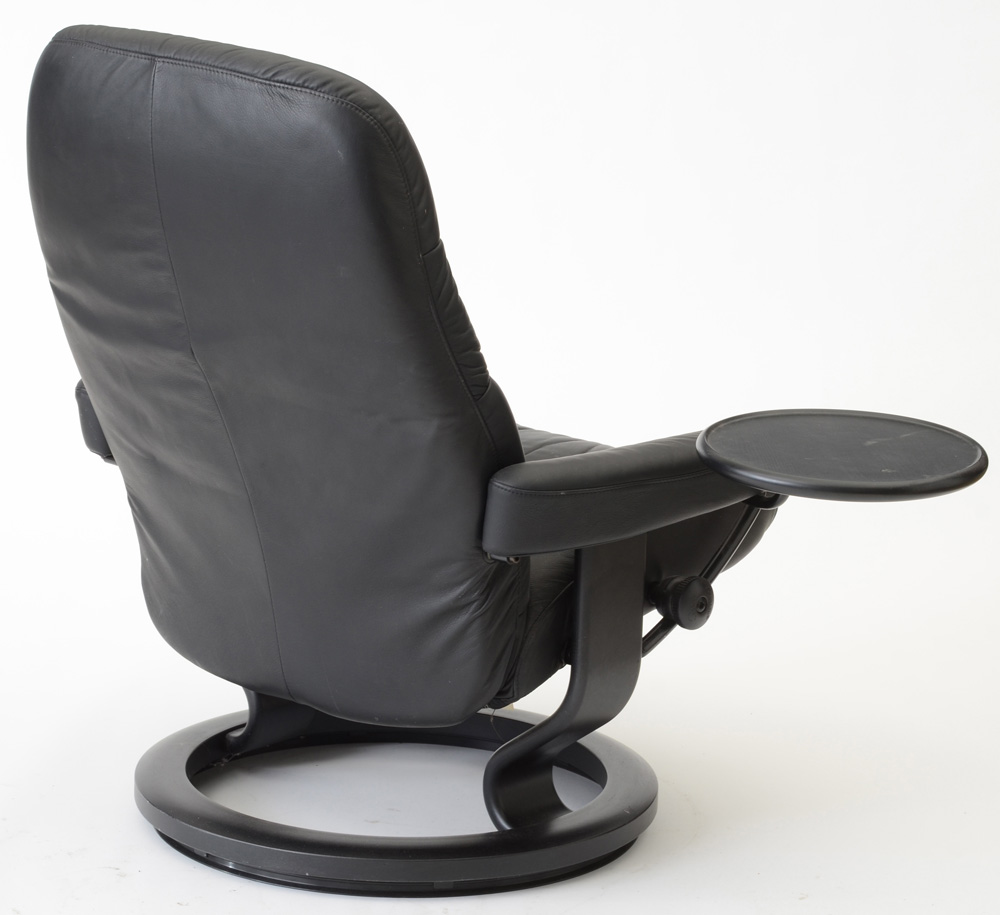 Black Leather "Stressless" Adjustable Chair and Ottoman by Ekornes / Norway