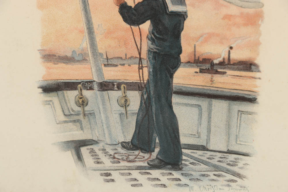 William Christian Symons Chromolithograph on Paper "Lowering the Ensign at Dawn"