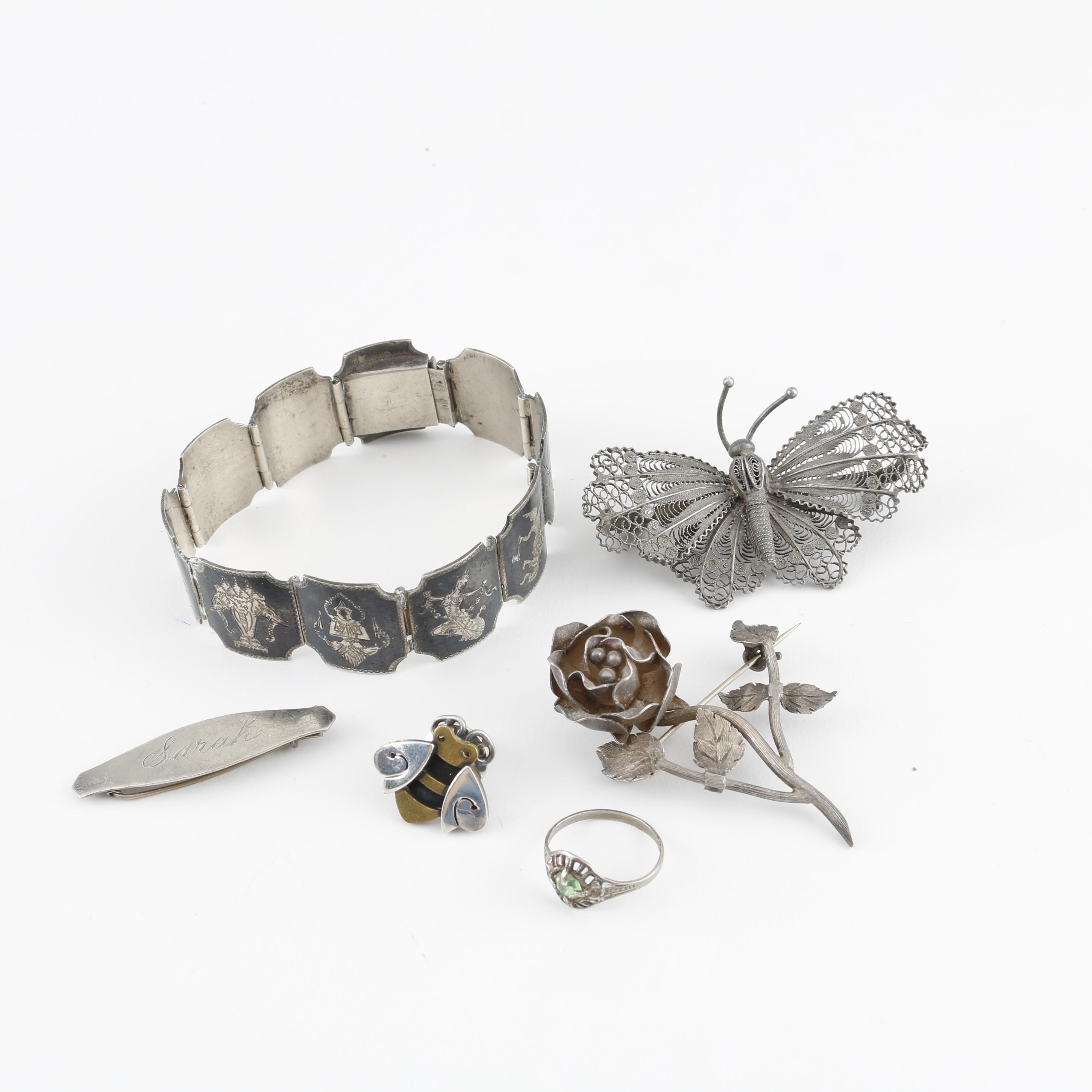 Vintage Sterling Silver Jewelry Including a Thai Bracelet and 800 Silver
