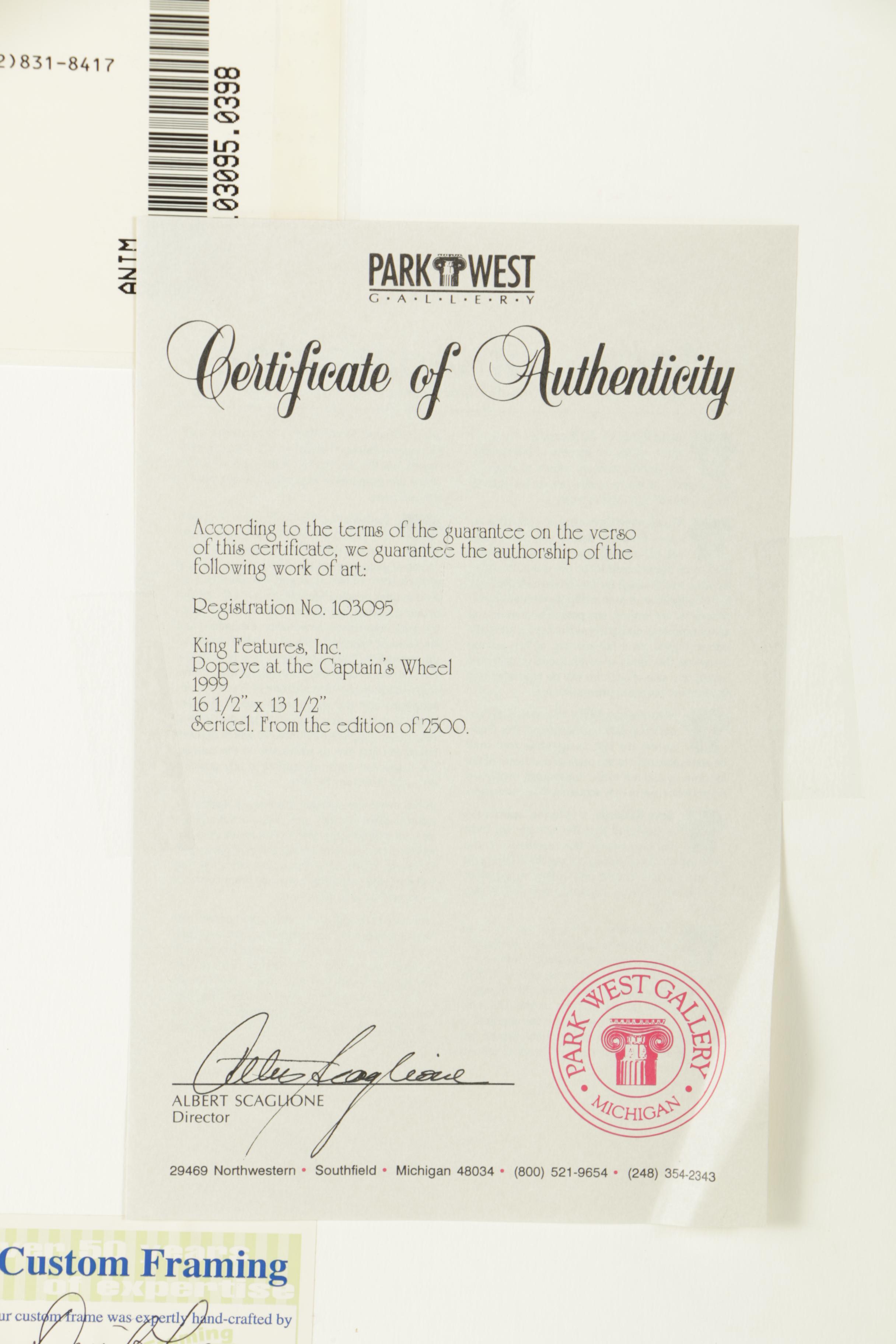 King Features, Inc. Limited Edition Sericel "Popeye at the Captain's Wheel"