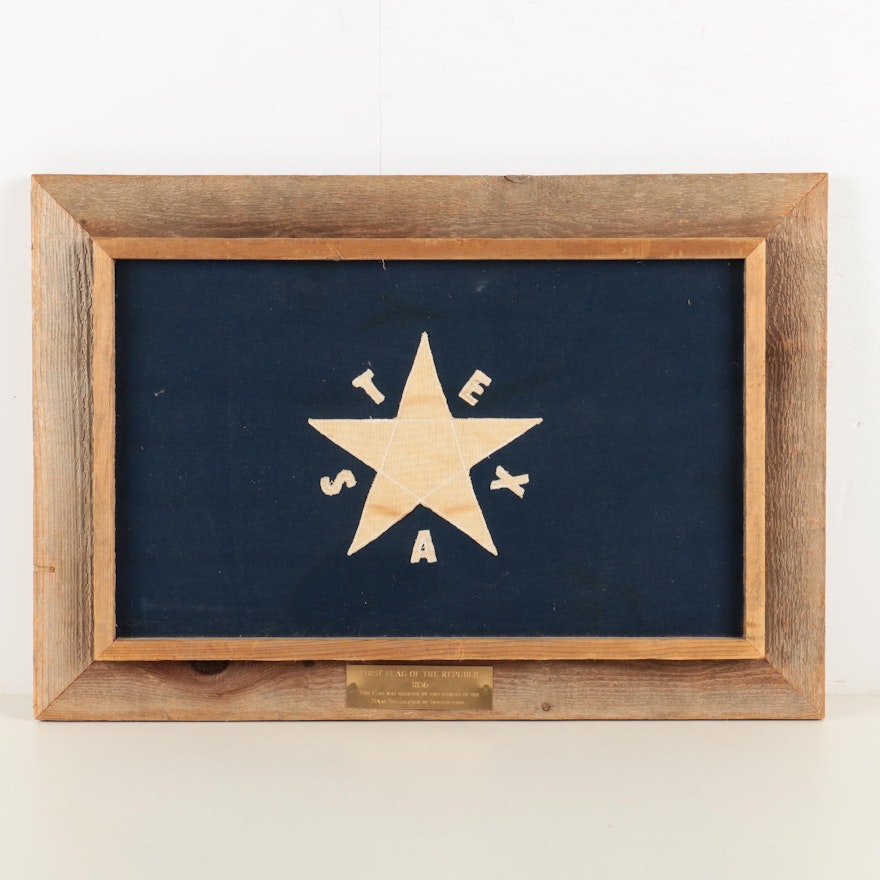 Vintage Sewn Cloth First Flag of The Republic of Texas In Wooden Frame