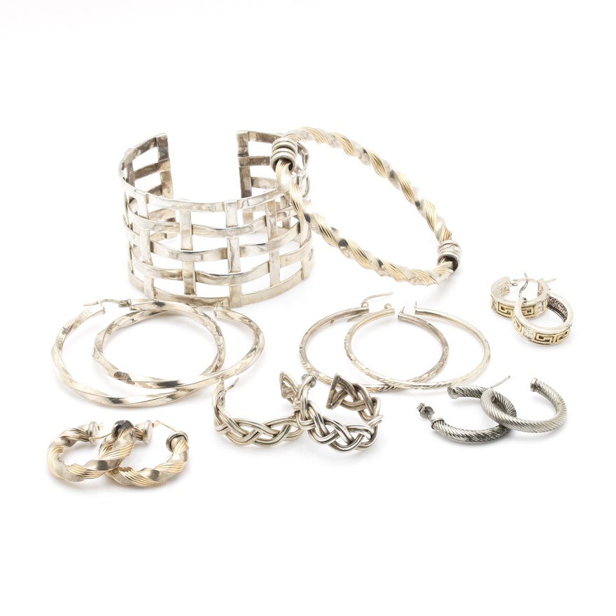 Selection of Sterling Silver Bracelets and Hoop Earrings