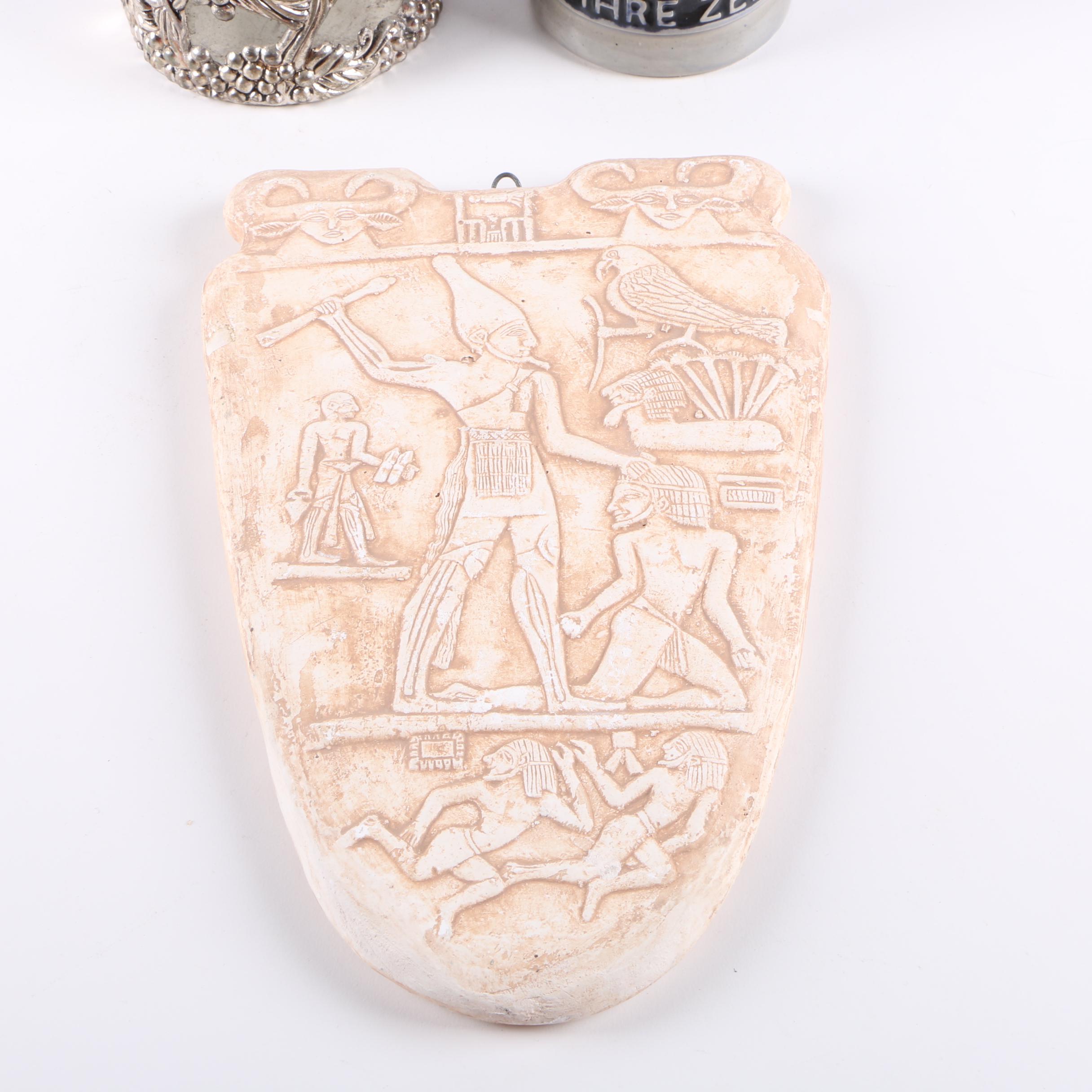 German Stein, Metal Wine Bottle Holder/Pourer, and Egyptian Palette Replica