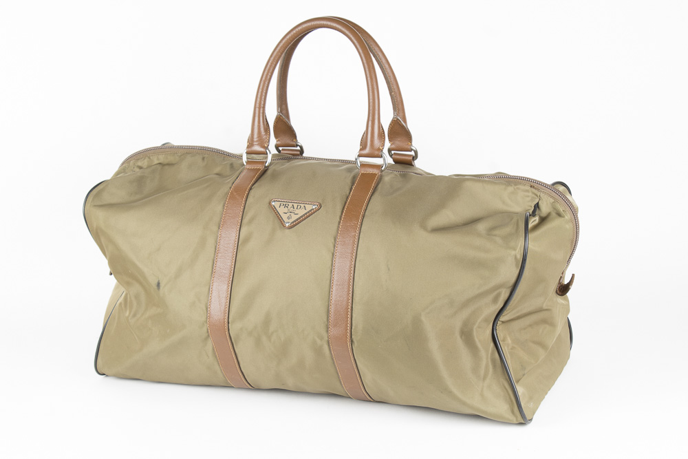 Prada Olive Green Weekender Bag with Leather Accents