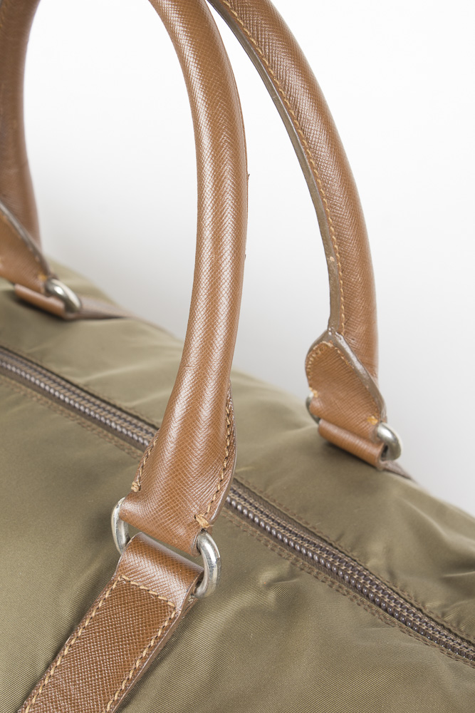 Prada Olive Green Weekender Bag with Leather Accents