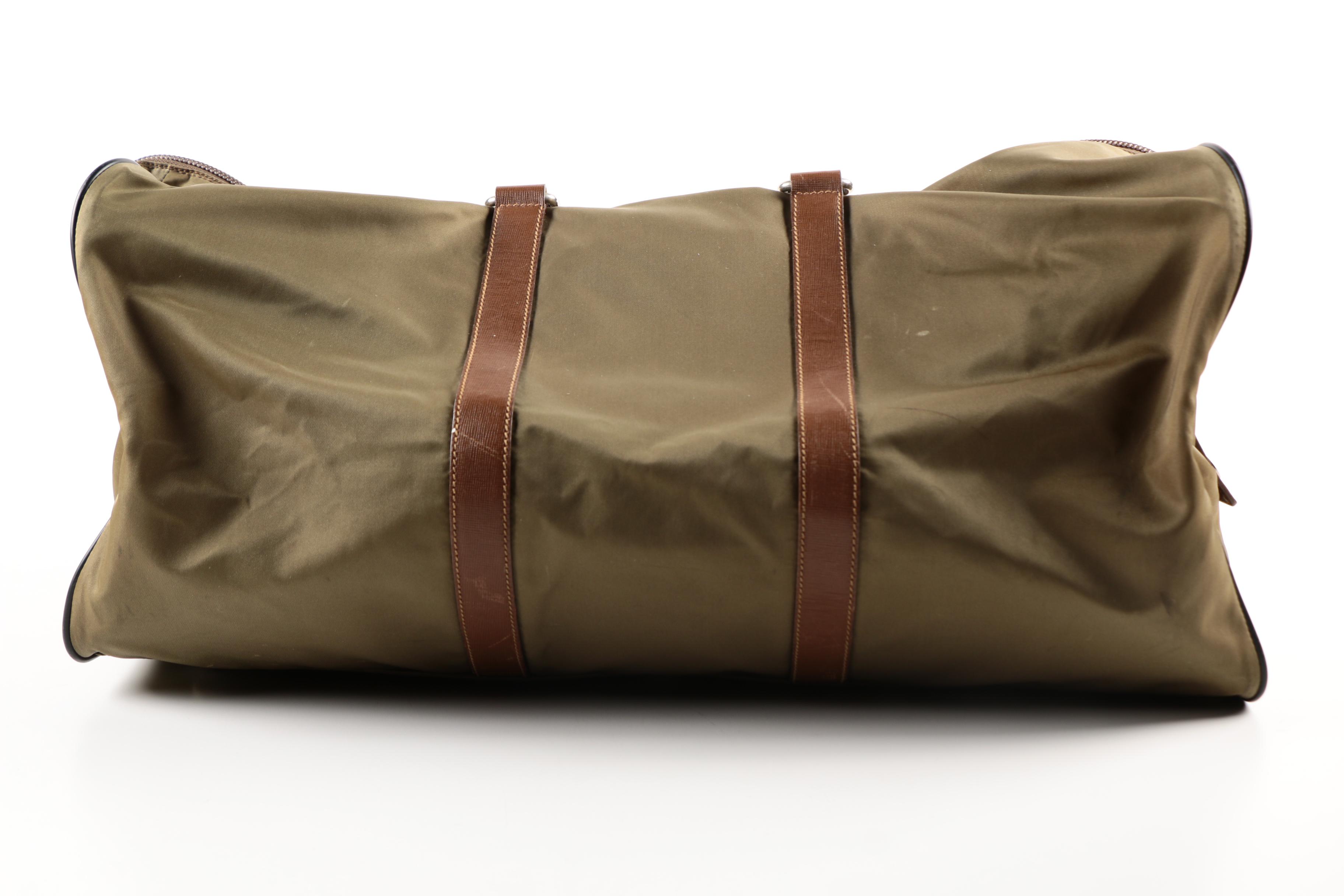 Prada Olive Green Weekender Bag with Leather Accents