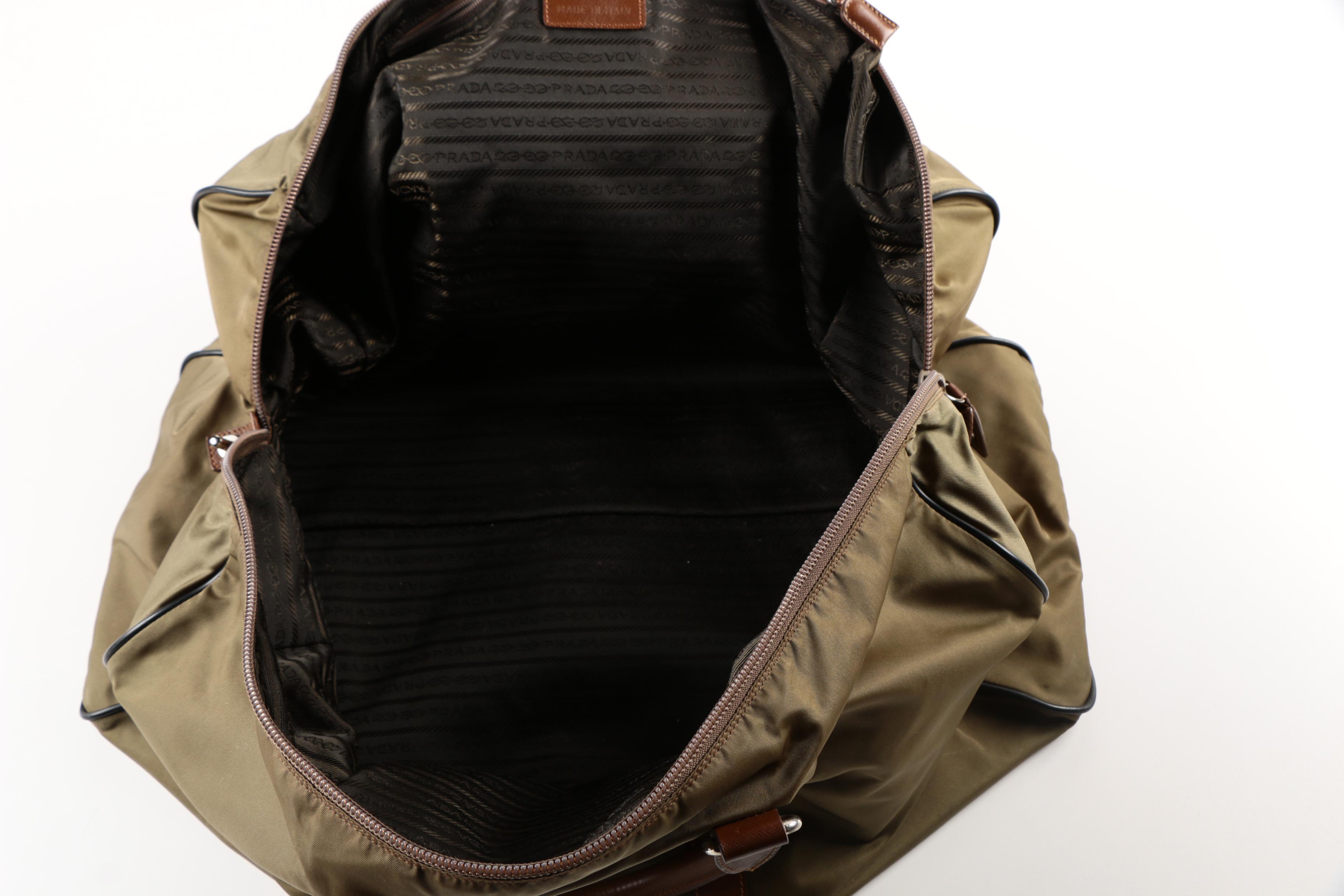 Prada Olive Green Weekender Bag with Leather Accents