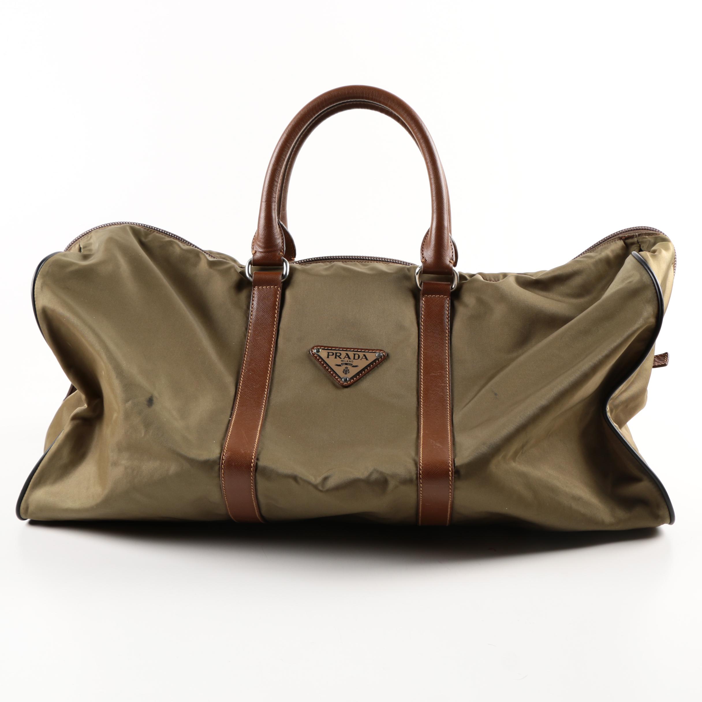 Prada Olive Green Weekender Bag with Leather Accents