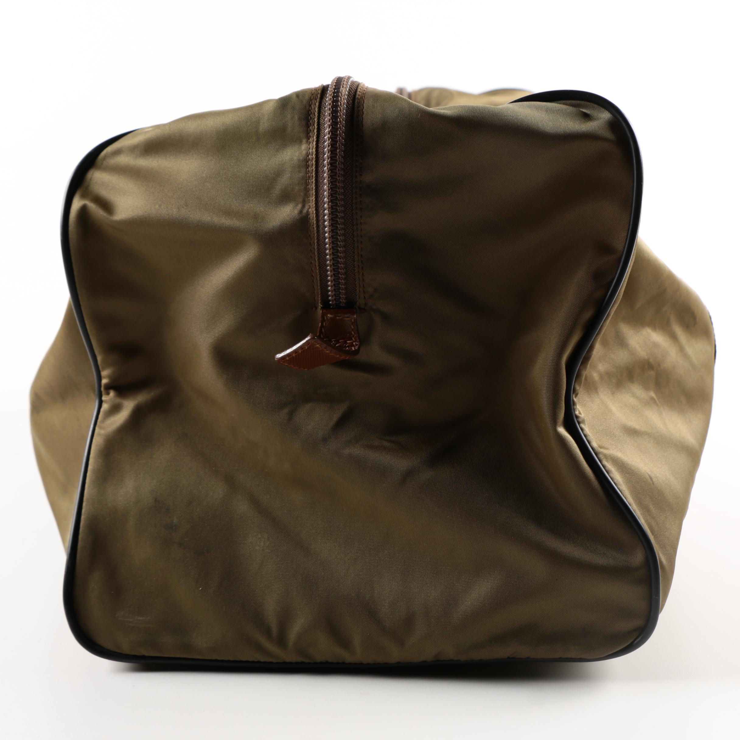 Prada Olive Green Weekender Bag with Leather Accents