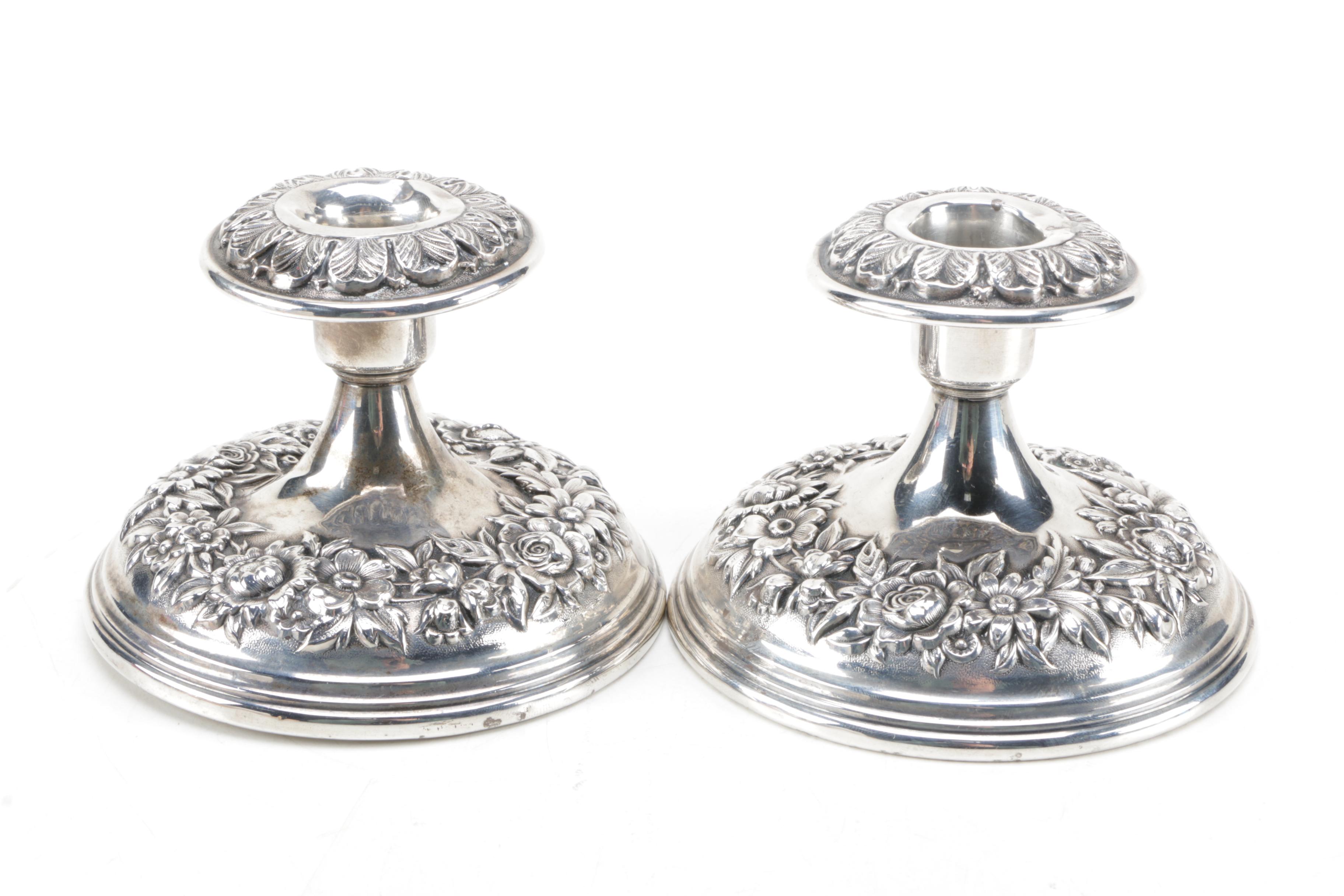 S. Kirk & Son "Repousse-Half Chased" Weighted Sterling Candleholders