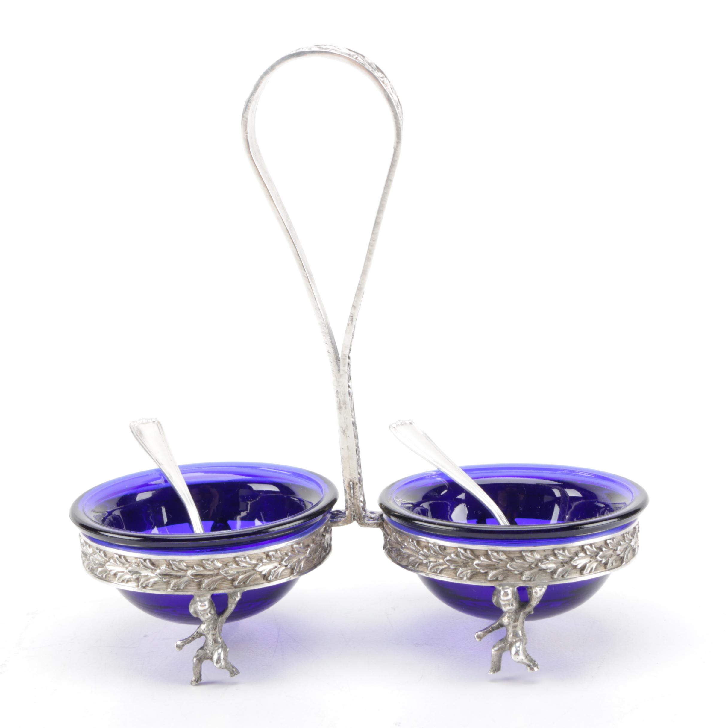 800 Silver Salt Cellar with Cobalt Blue Glass Bowls and Sterling Salt Spoons