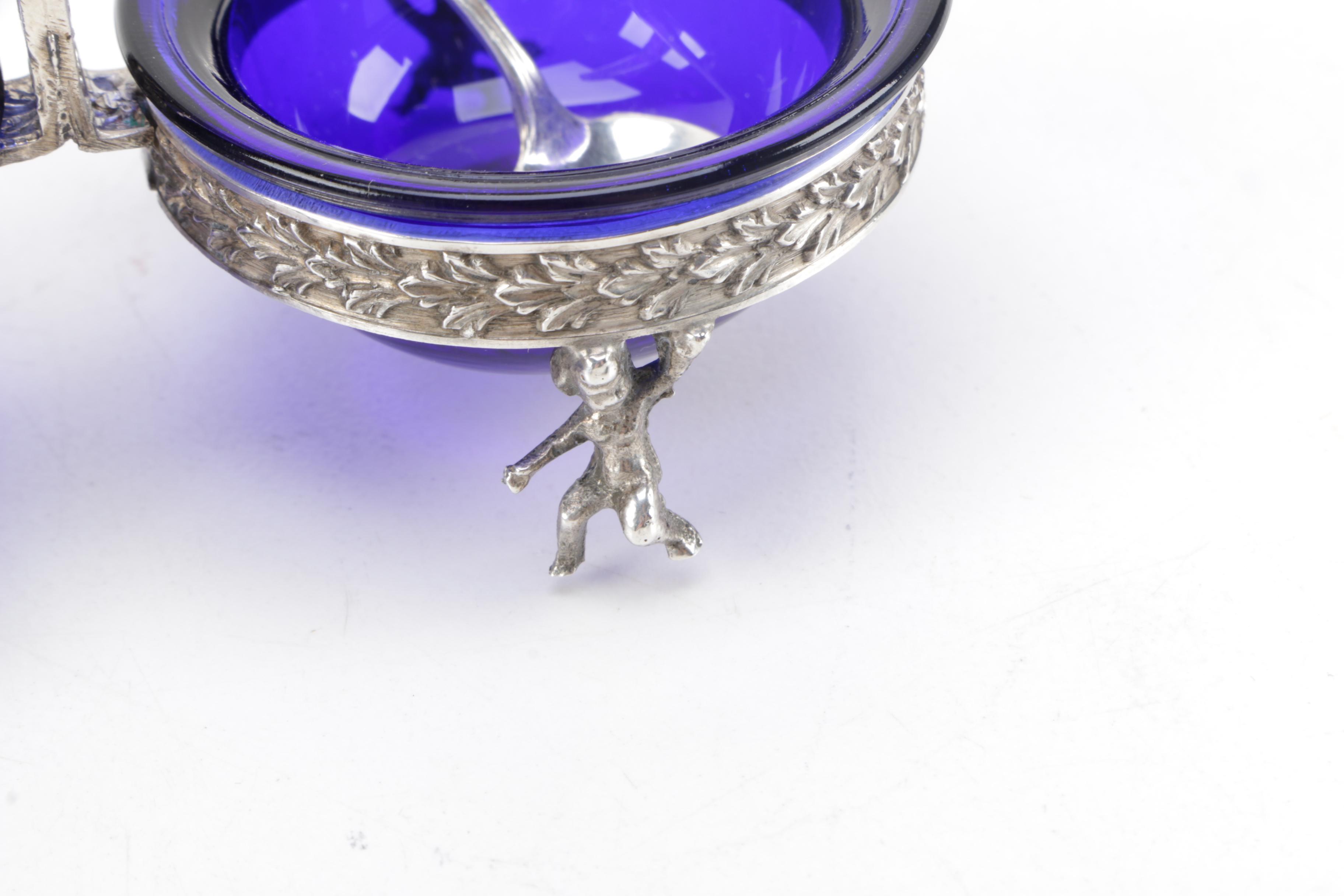 800 Silver Salt Cellar with Cobalt Blue Glass Bowls and Sterling Salt Spoons