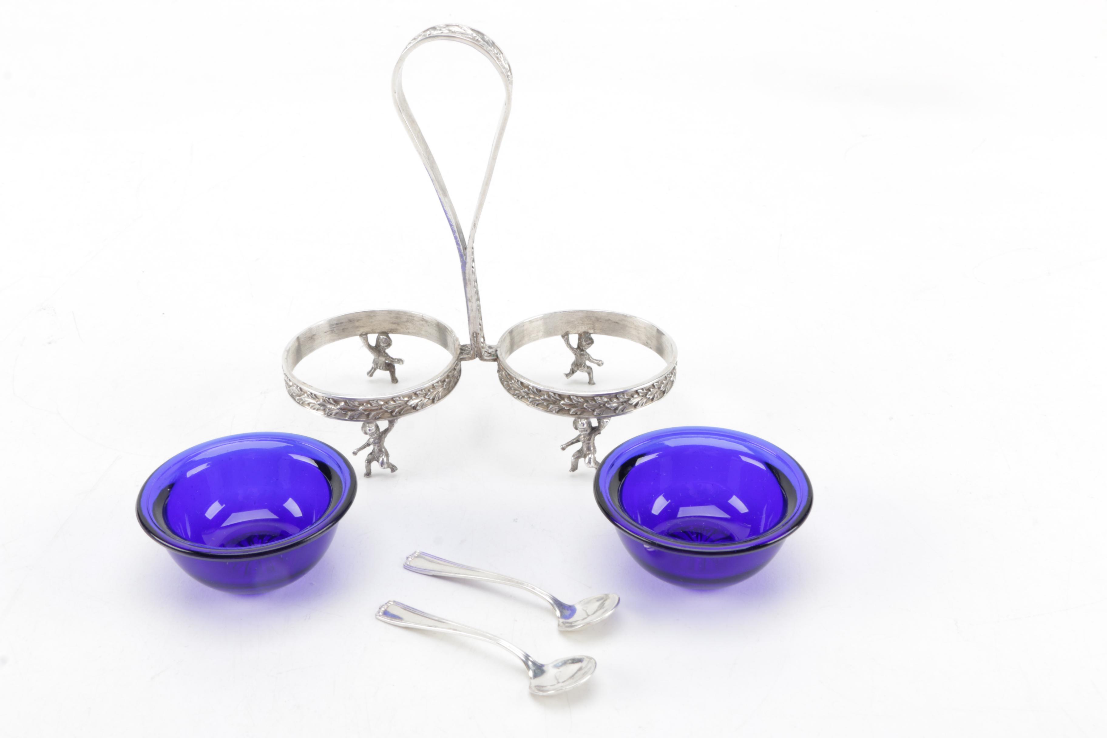 800 Silver Salt Cellar with Cobalt Blue Glass Bowls and Sterling Salt Spoons