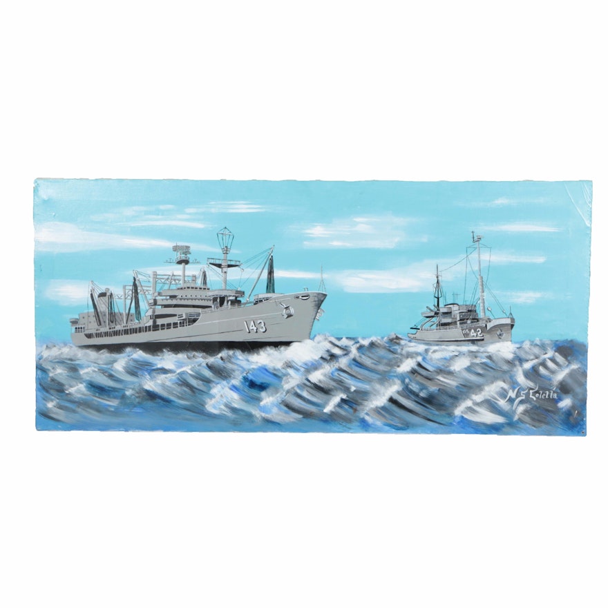 N.S. Colella Acrylic Painting on Canvas of Naval Ships
