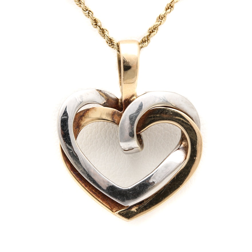 14K White and Yellow Interlocking Heart Pendant Necklace