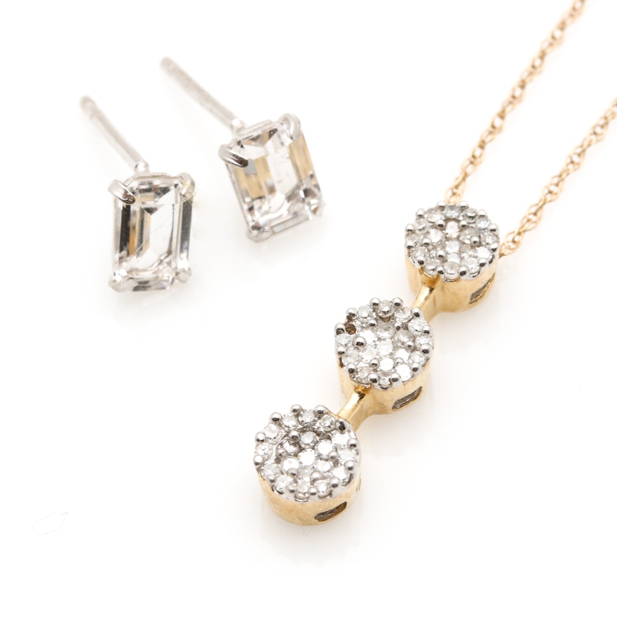 14K Two Tone Gold White Spinel and Diamond Necklace and Earrings