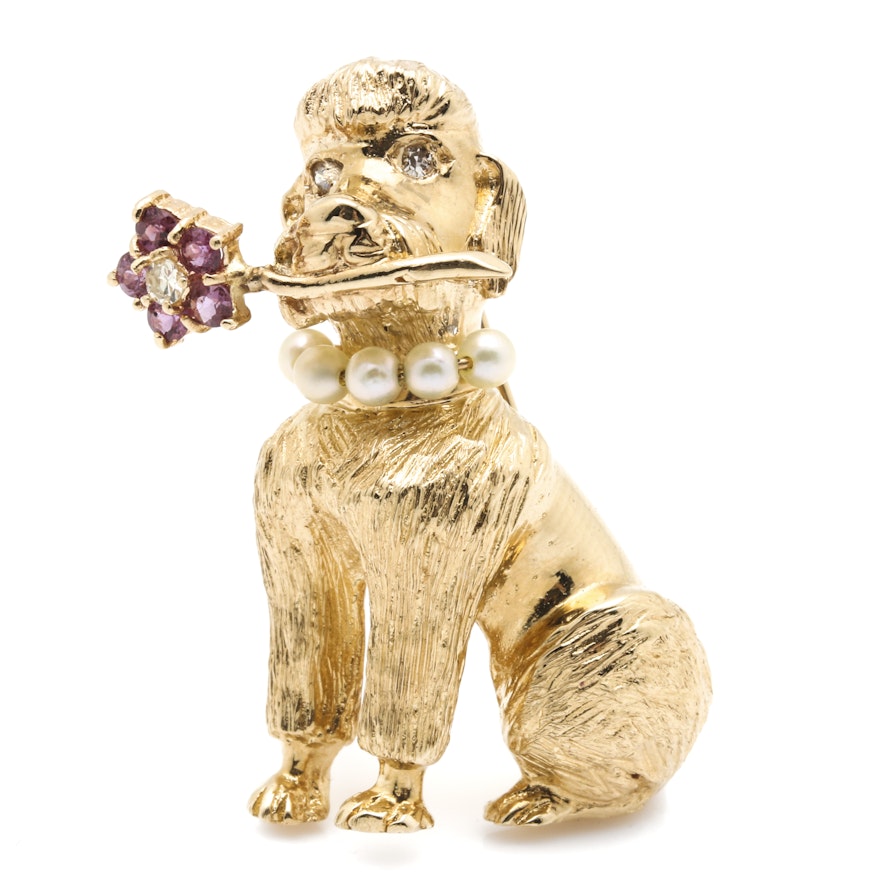 14K Yellow Gold Diamond and Gemstone Poodle Brooch