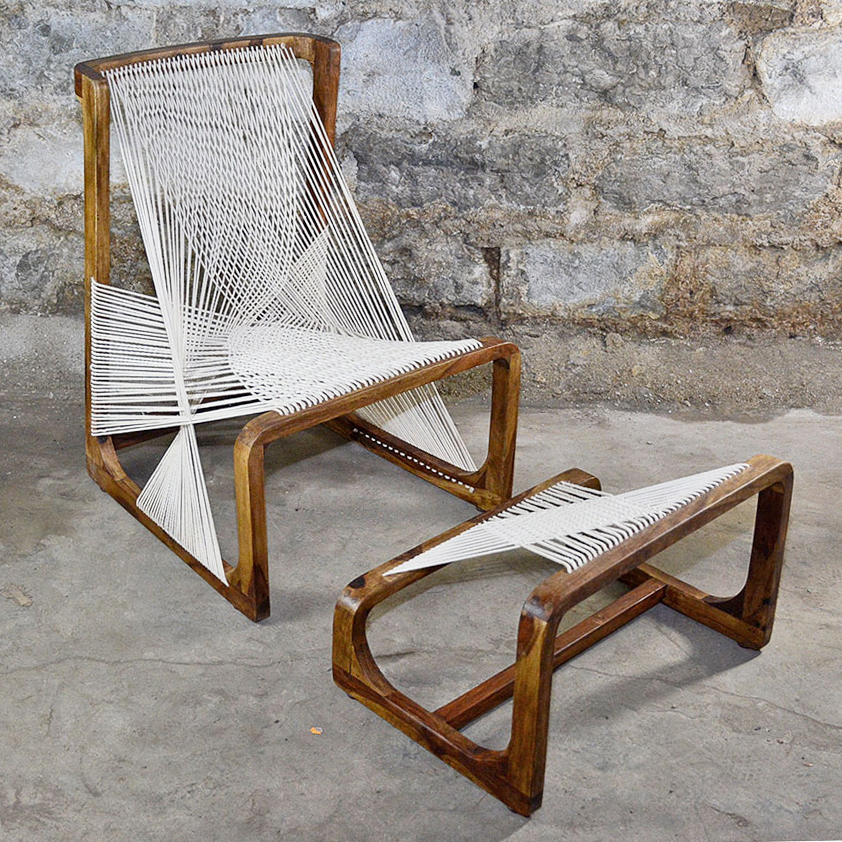 Danish Modern Style String Chair with Footrest