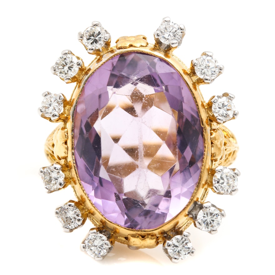 14K Yellow Gold Amethyst and Diamond Ring With White Gold Accents