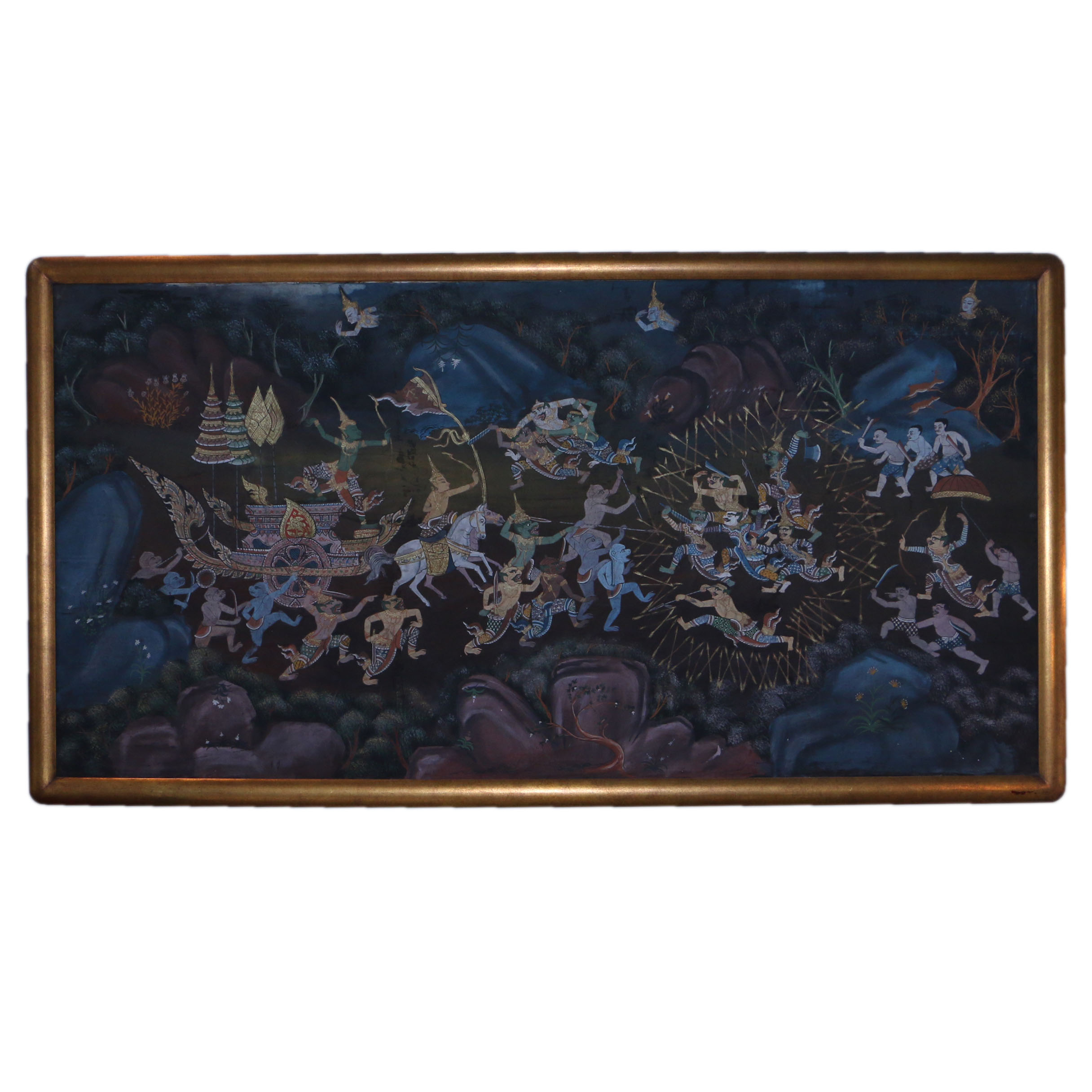 Thai Inspired Mixed Media Painting on Fabric of Battle Scene from Ramakien Epic