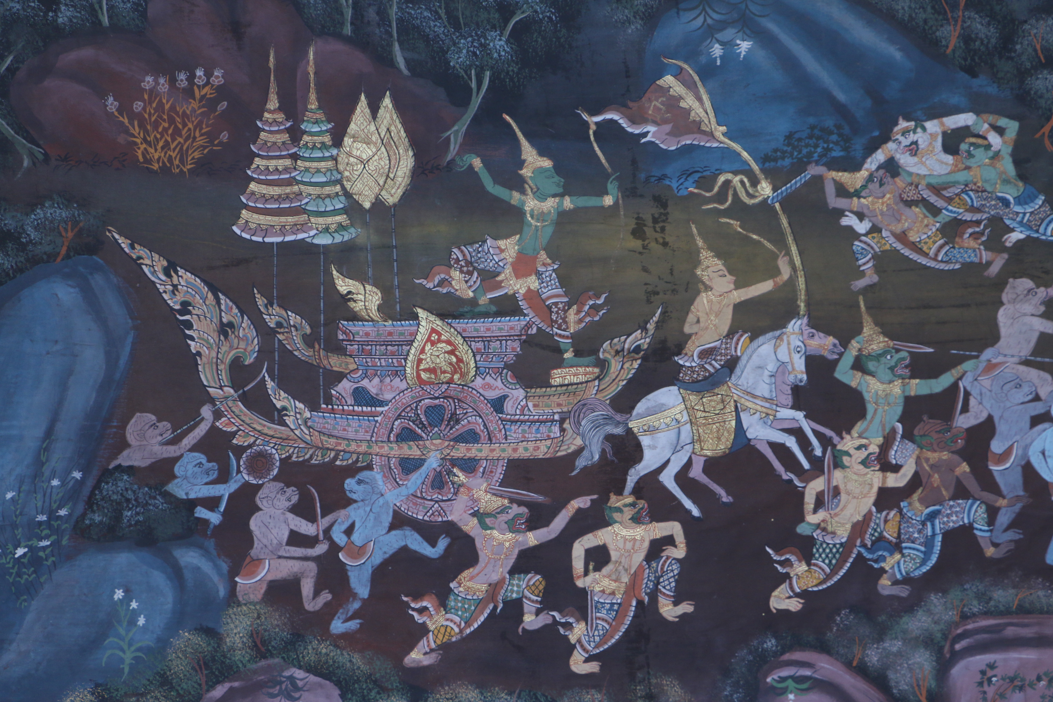 Thai Inspired Mixed Media Painting on Fabric of Battle Scene from Ramakien Epic