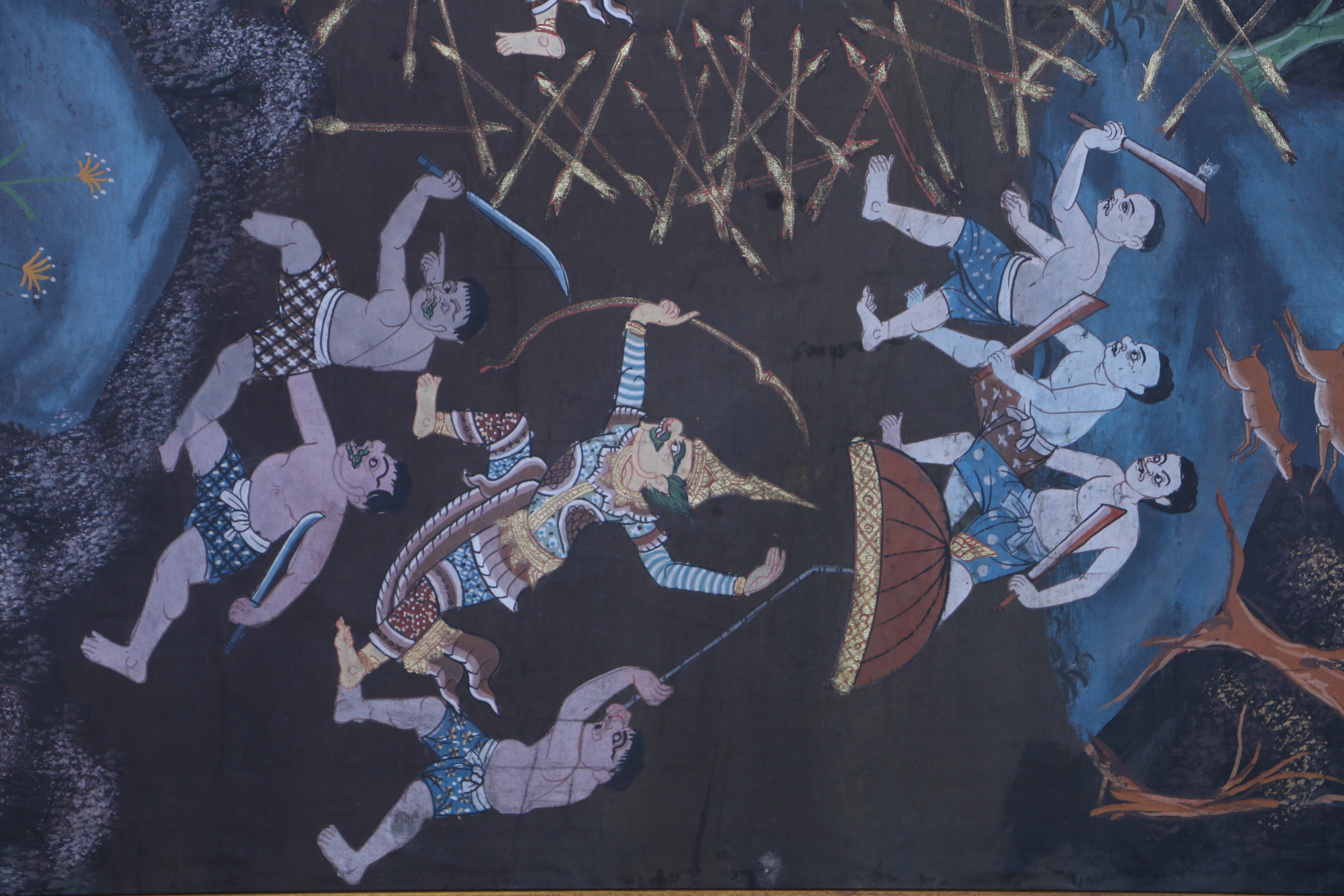 Thai Inspired Mixed Media Painting on Fabric of Battle Scene from Ramakien Epic