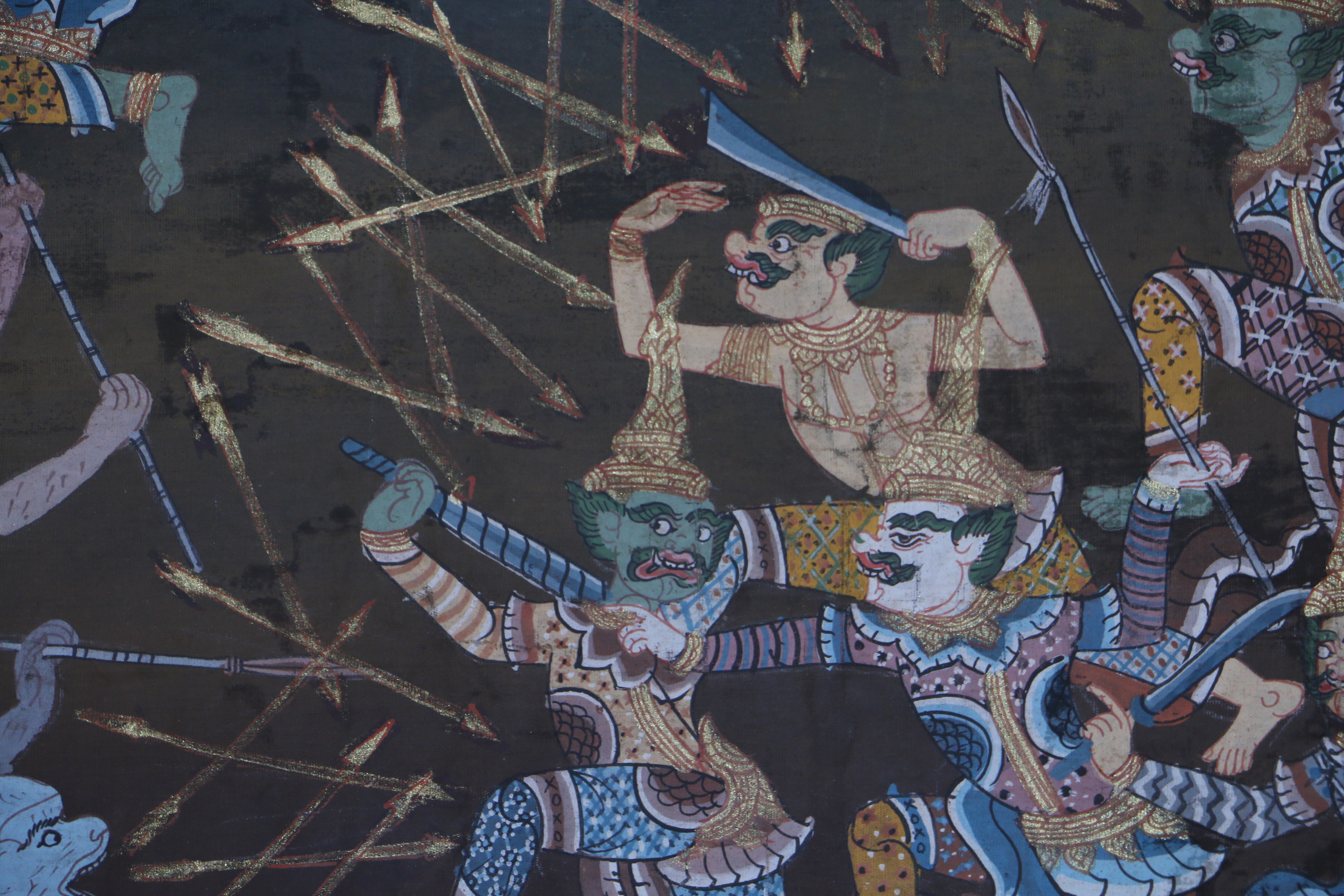 Thai Inspired Mixed Media Painting on Fabric of Battle Scene from Ramakien Epic
