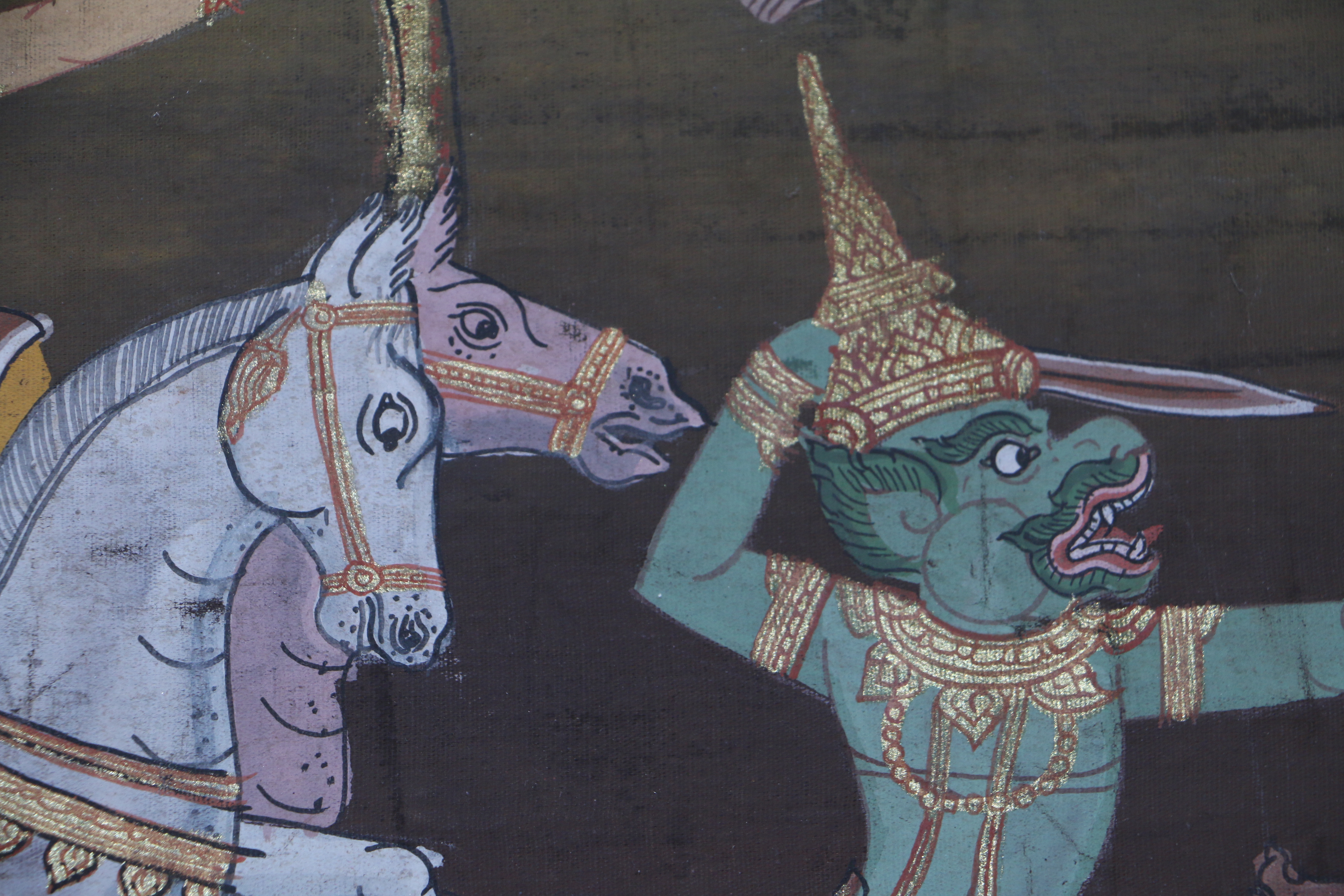 Thai Inspired Mixed Media Painting on Fabric of Battle Scene from Ramakien Epic