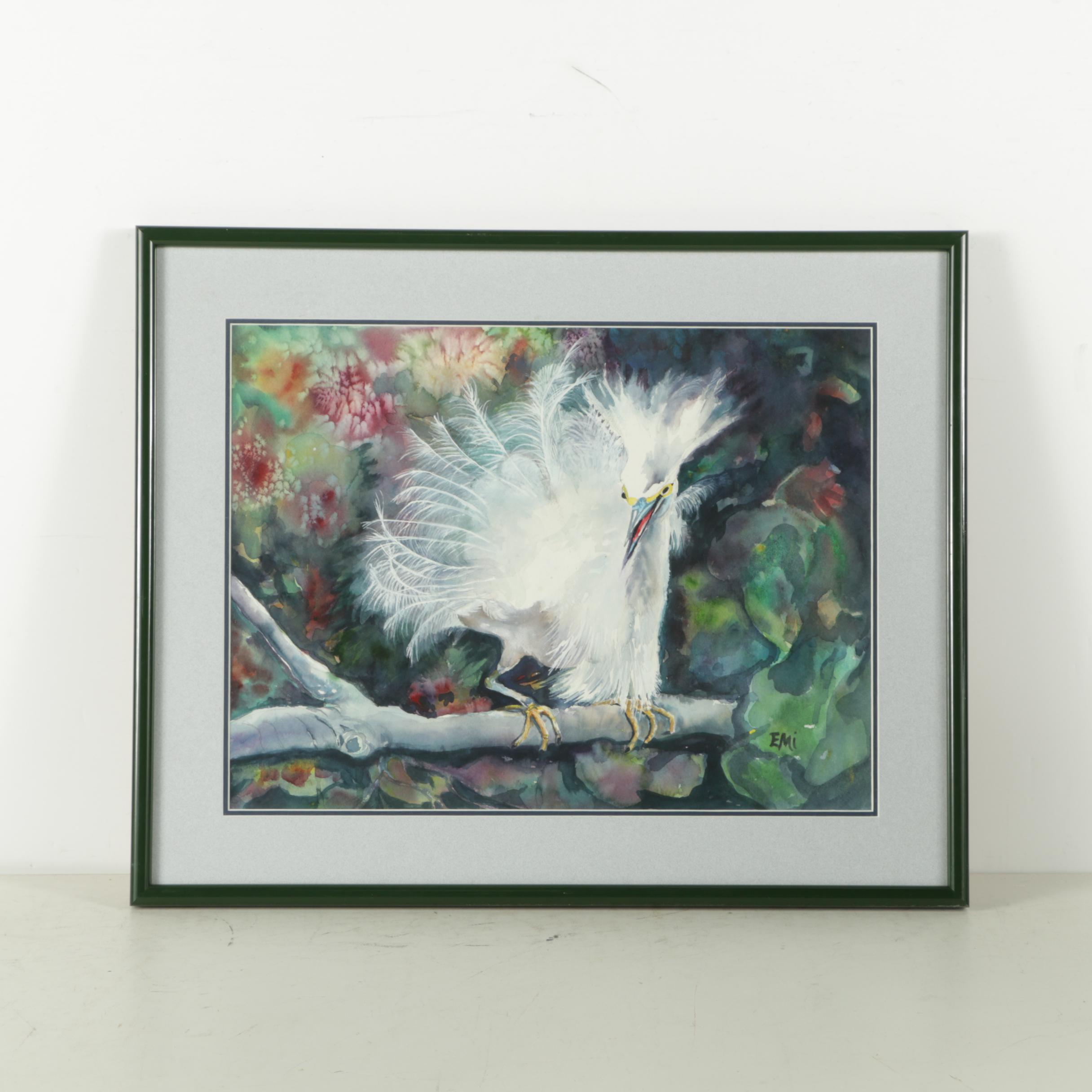 Emi Watercolor and Gouache Painting on Paper of Tropical Bird