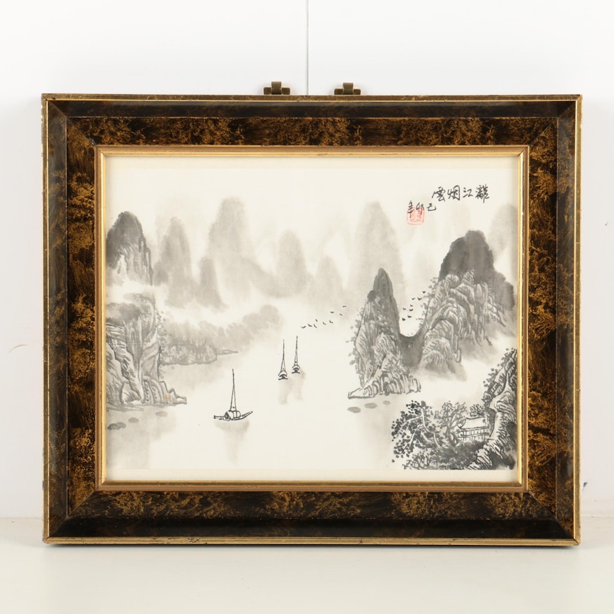 East Asian Style Ink Painting of Coastal Scene