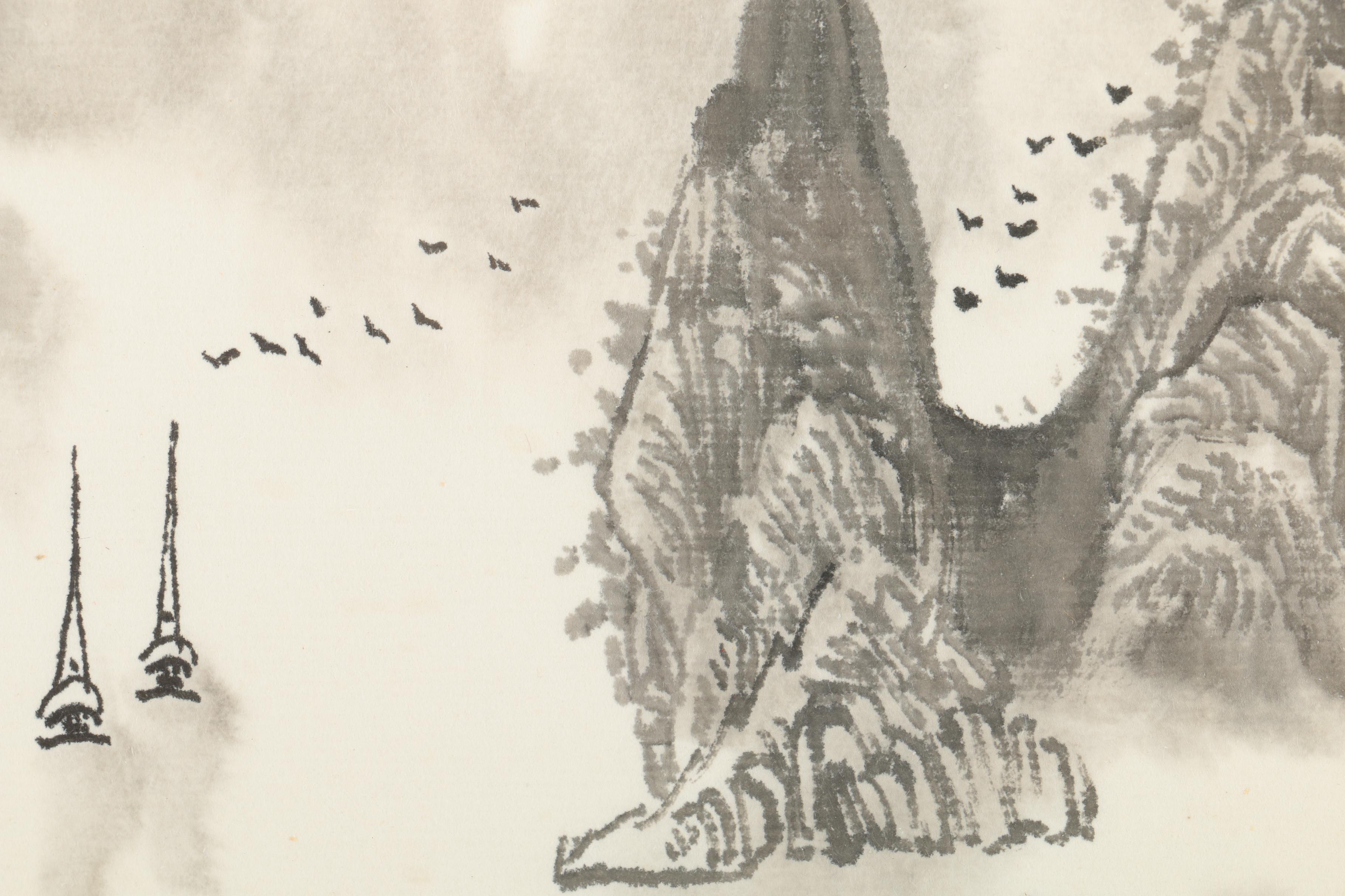 East Asian Style Ink Painting of Coastal Scene