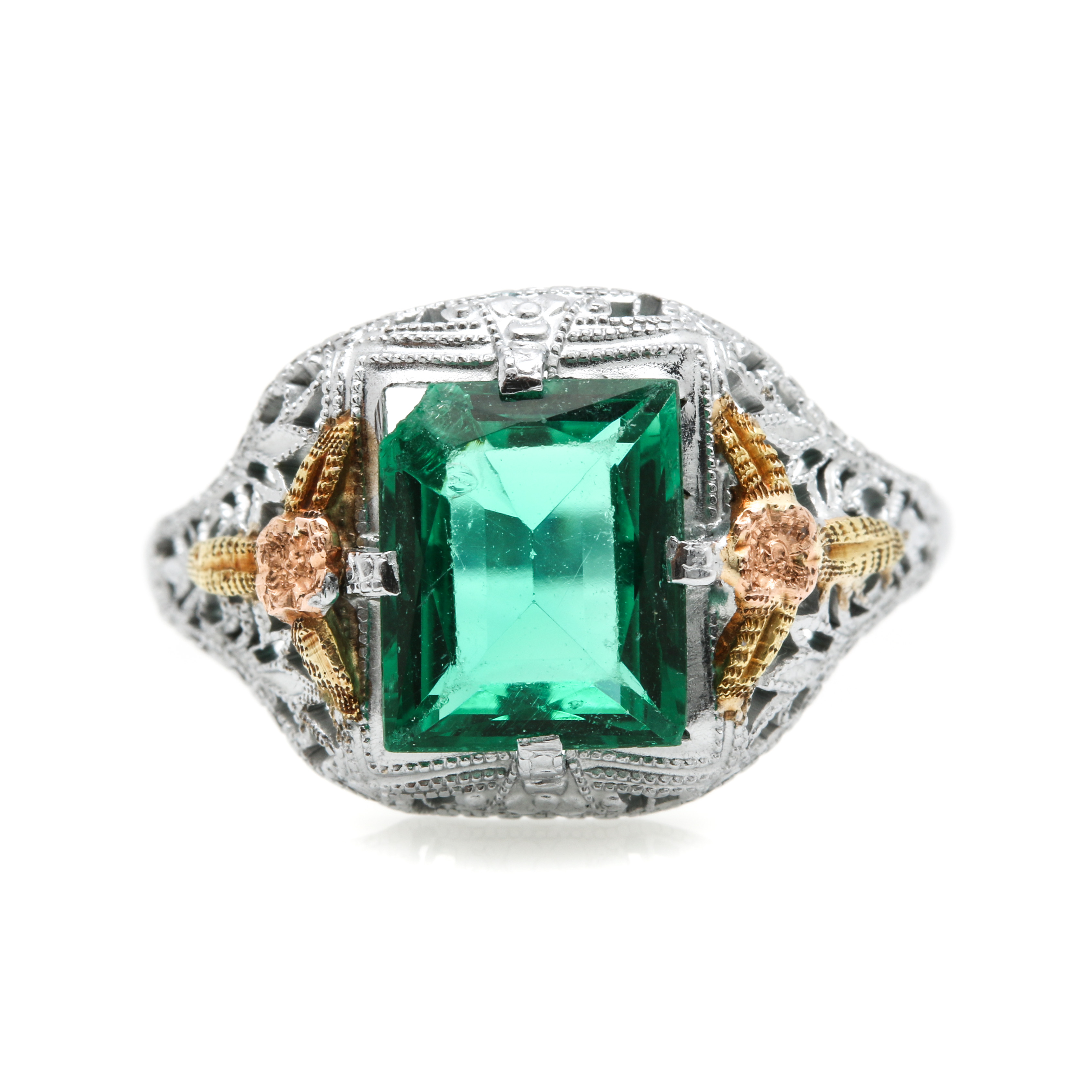 Vintage 10K White Gold Green Glass Ring With Rose and Yellow Gold Accents