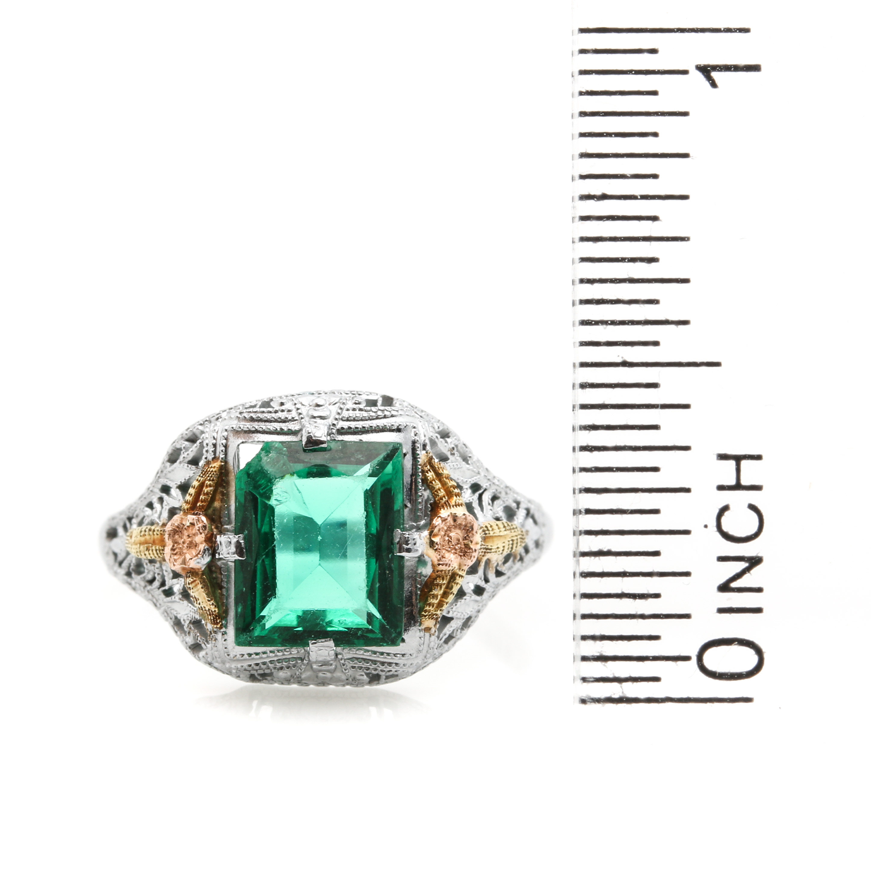 Vintage 10K White Gold Green Glass Ring With Rose and Yellow Gold Accents