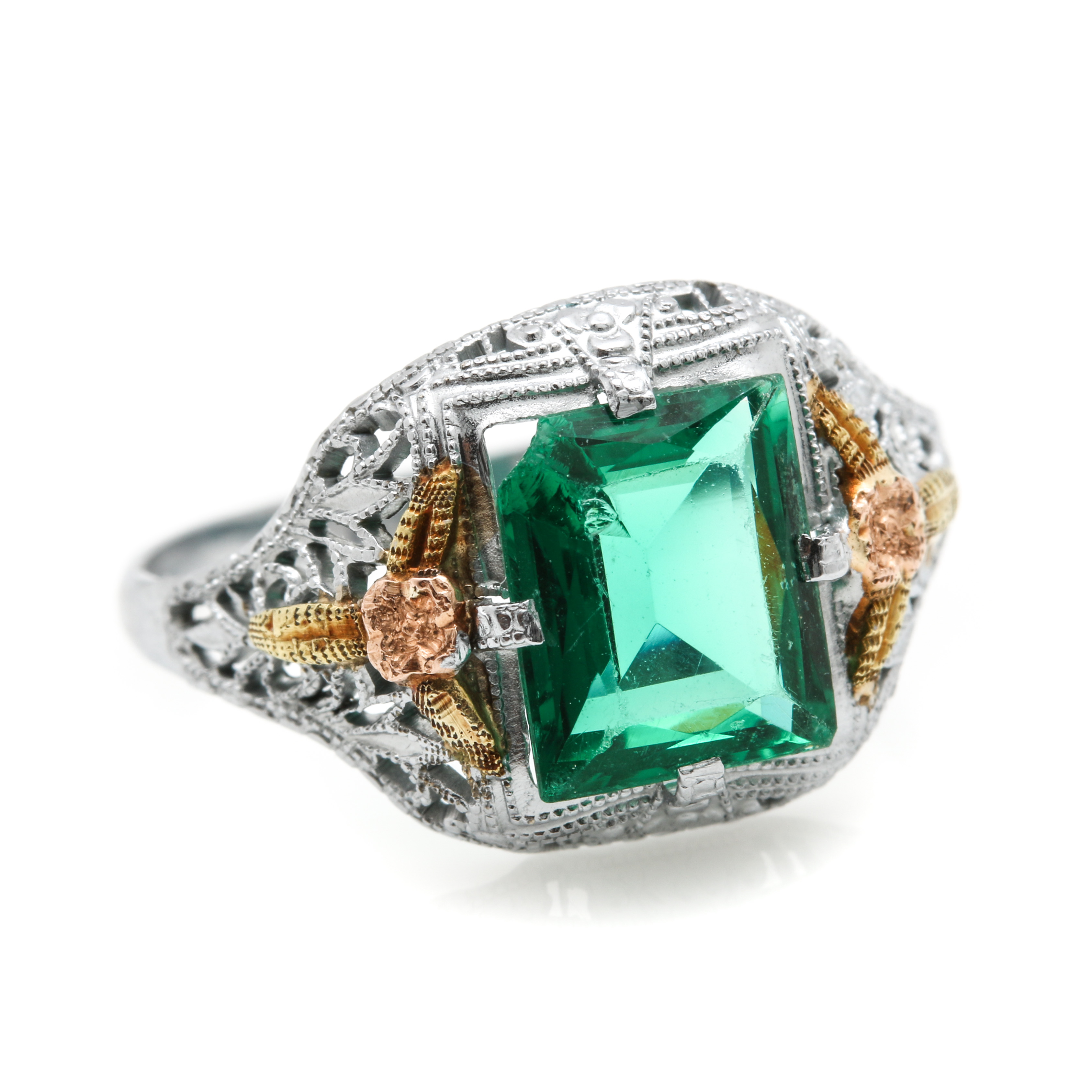 Vintage 10K White Gold Green Glass Ring With Rose and Yellow Gold Accents