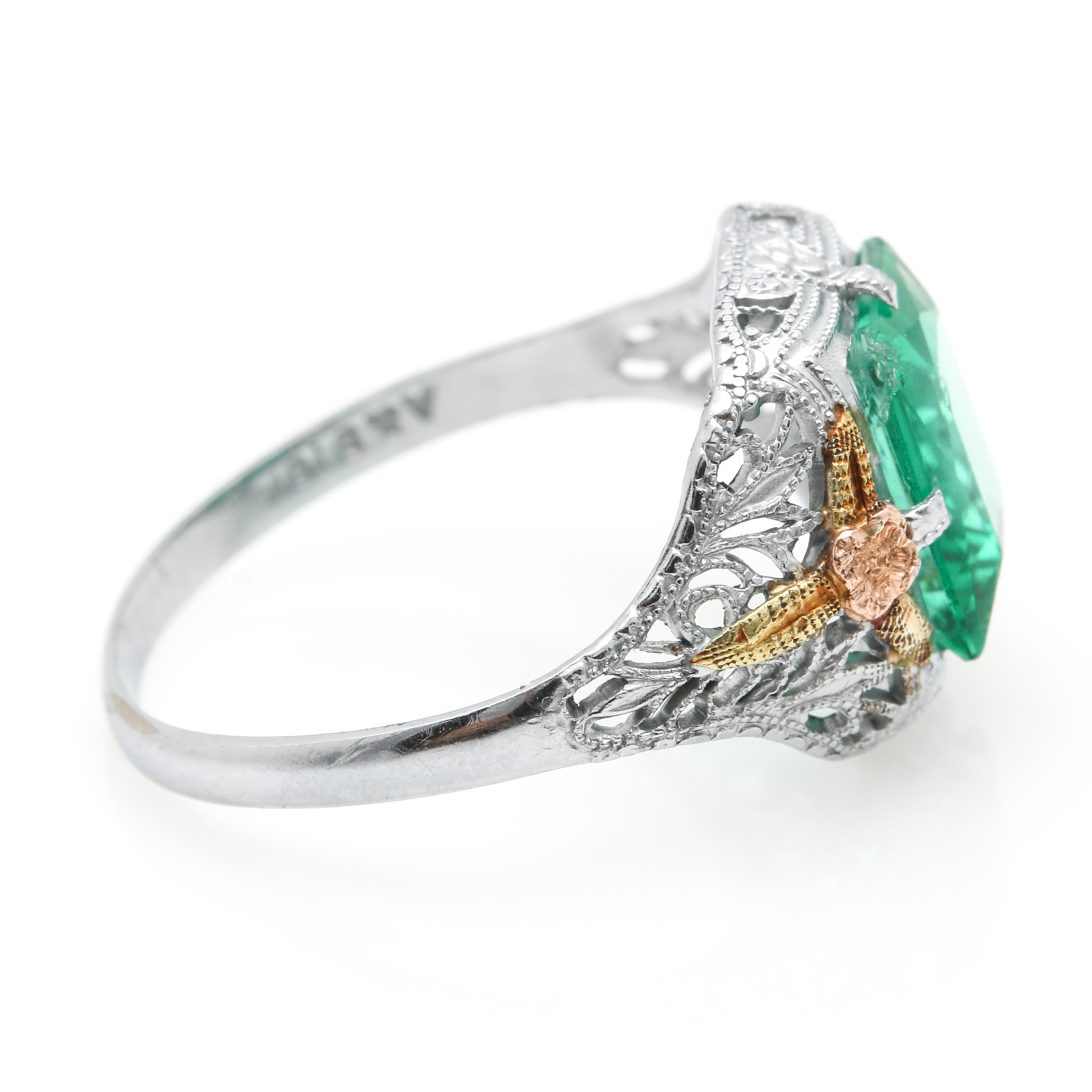 Vintage 10K White Gold Green Glass Ring With Rose and Yellow Gold Accents
