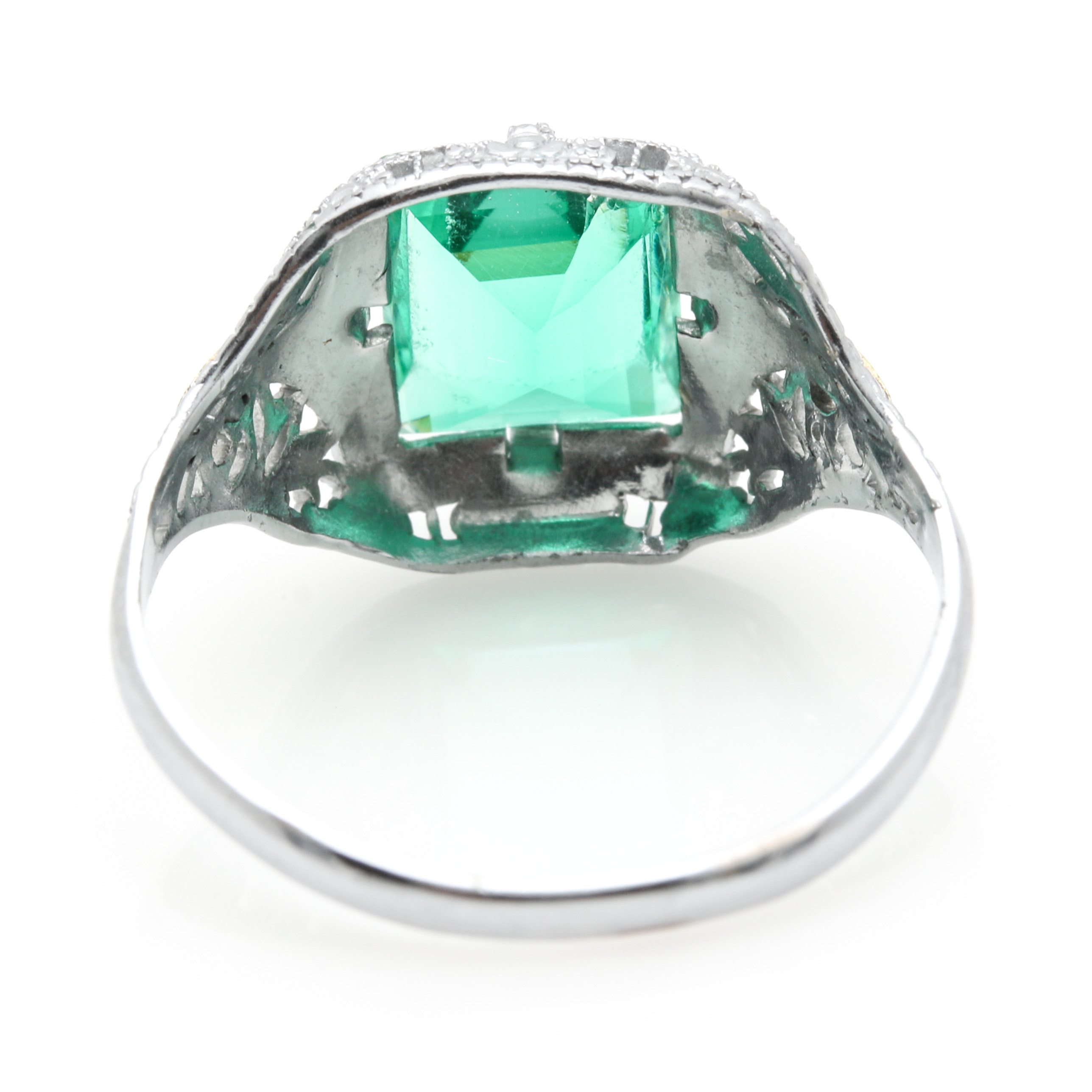 Vintage 10K White Gold Green Glass Ring With Rose and Yellow Gold Accents