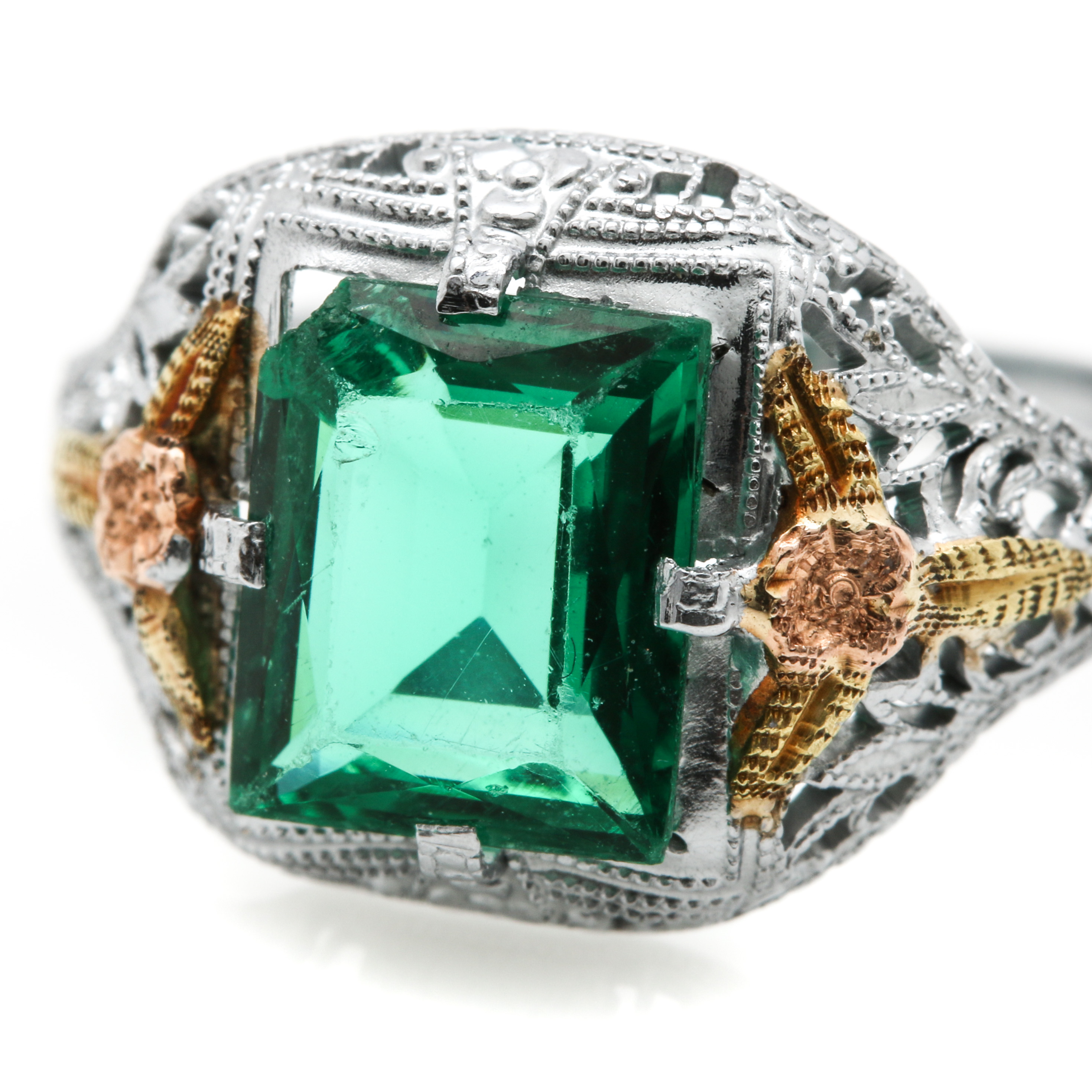 Vintage 10K White Gold Green Glass Ring With Rose and Yellow Gold Accents