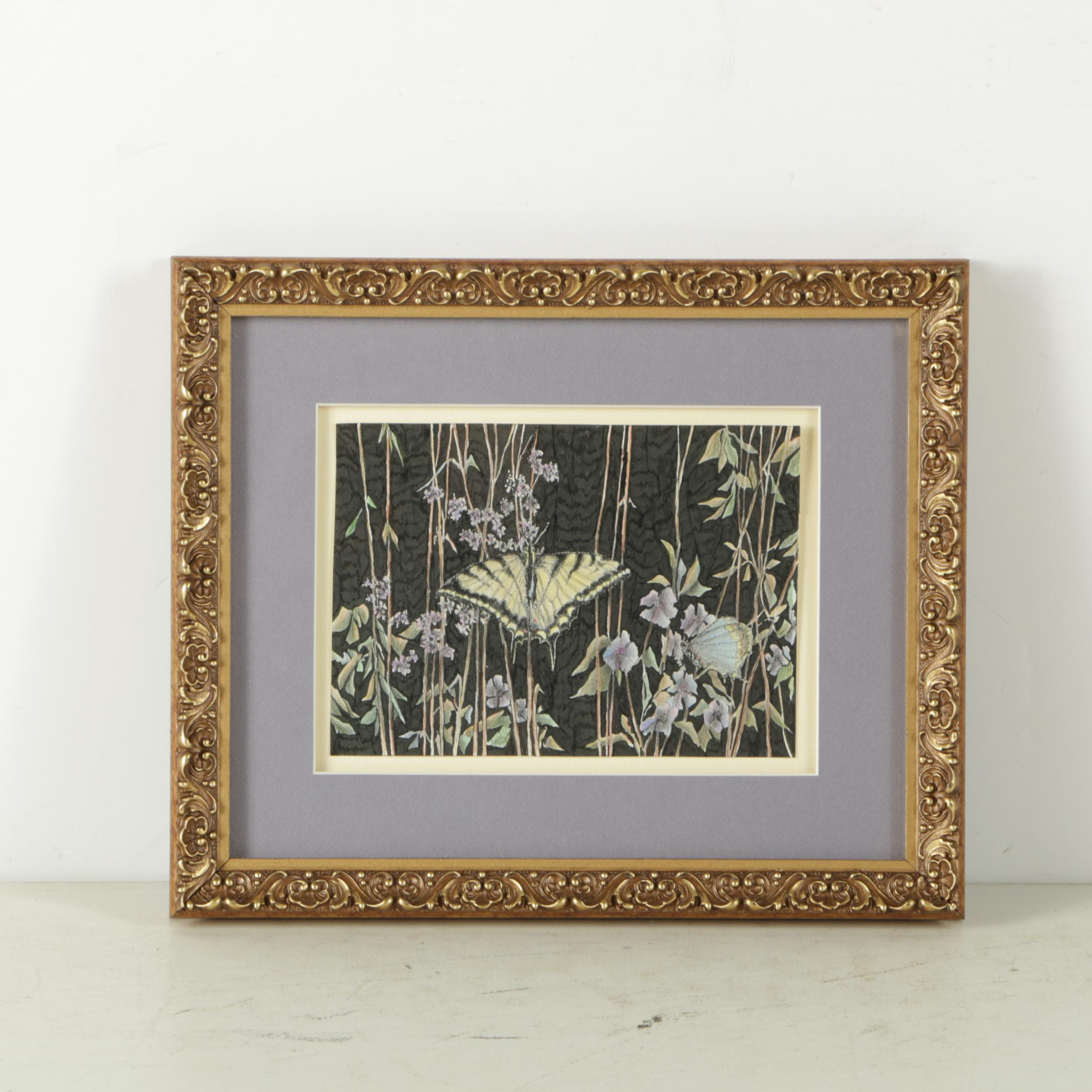 Ink and Colored Pencil Drawing of Butterflies