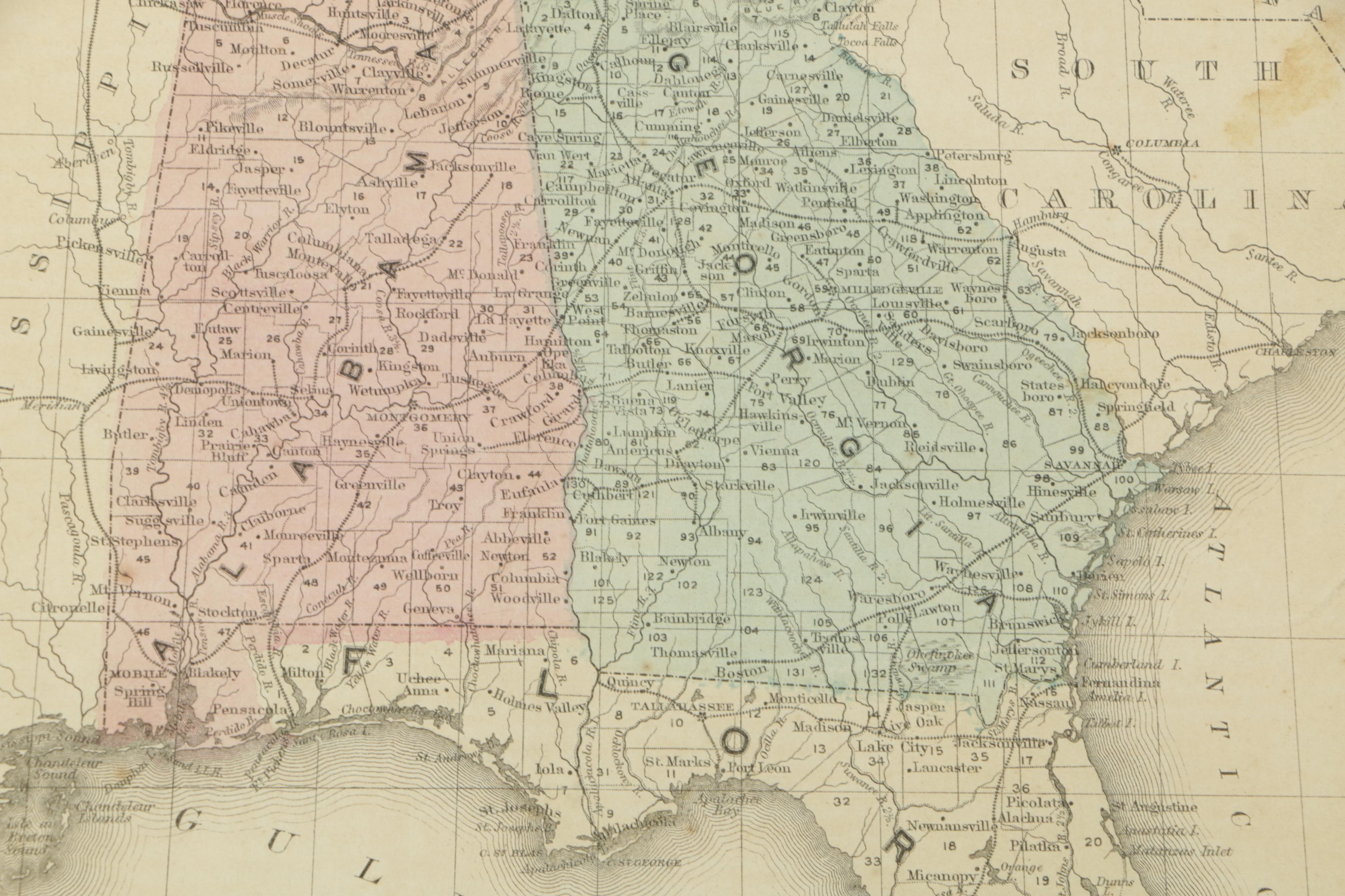 1860s Map of Georgia, Florida and Alabama from "McNally's System of Geography"