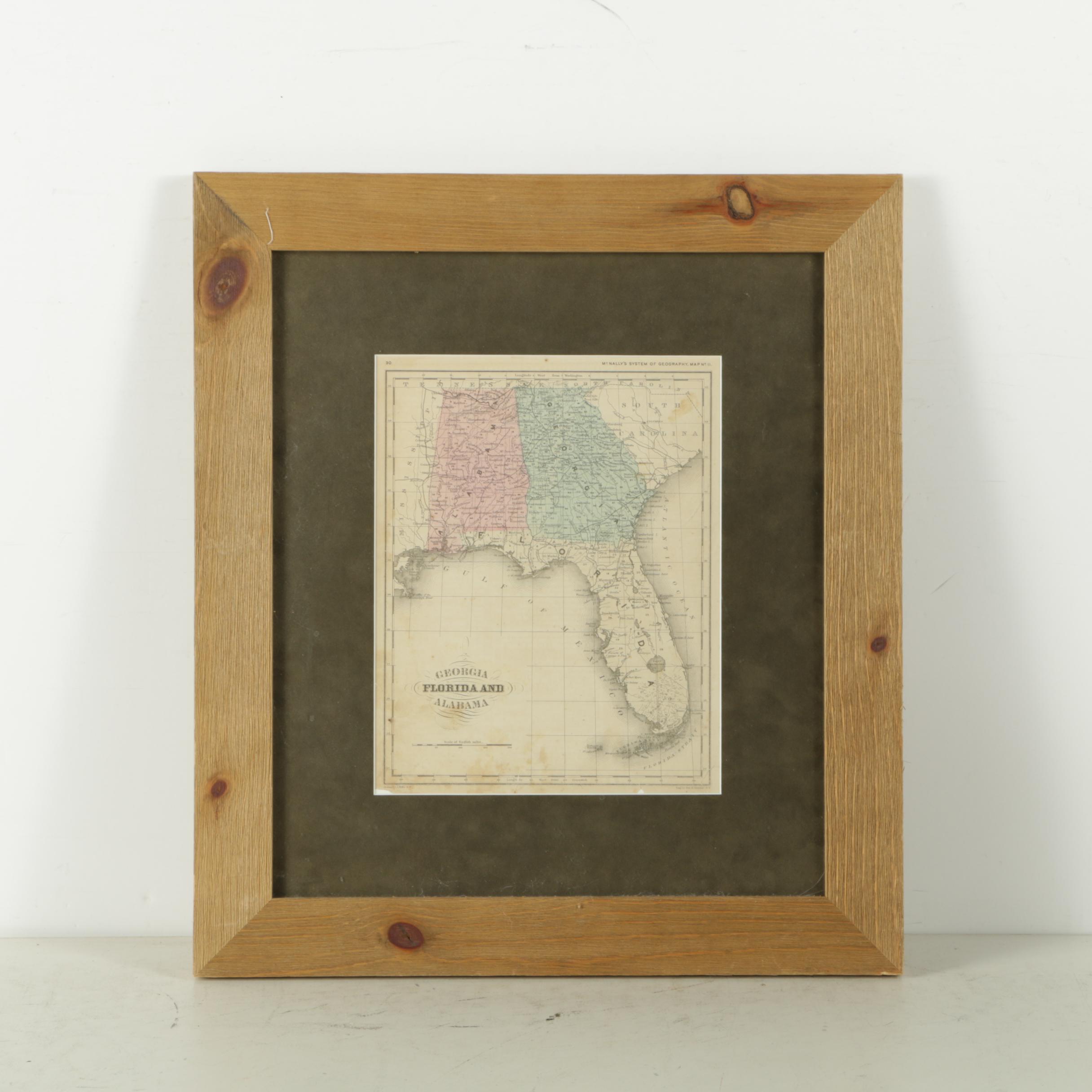 1860s Map of Georgia, Florida and Alabama from "McNally's System of Geography"